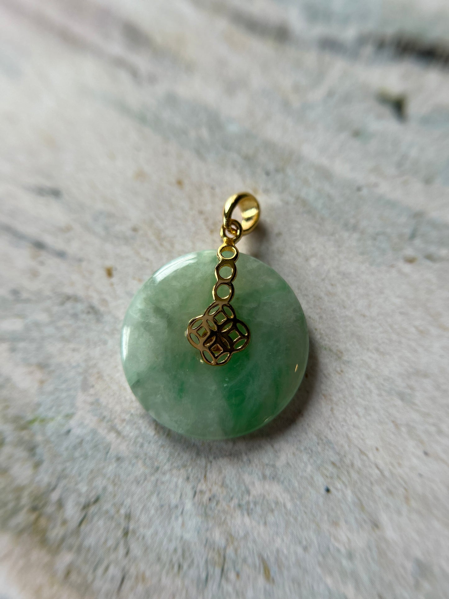 Grade A Natural green Jadeite Pi Disc ( peng on kou, donut) pendant with Gold over sterling  bailsilver  coin bail