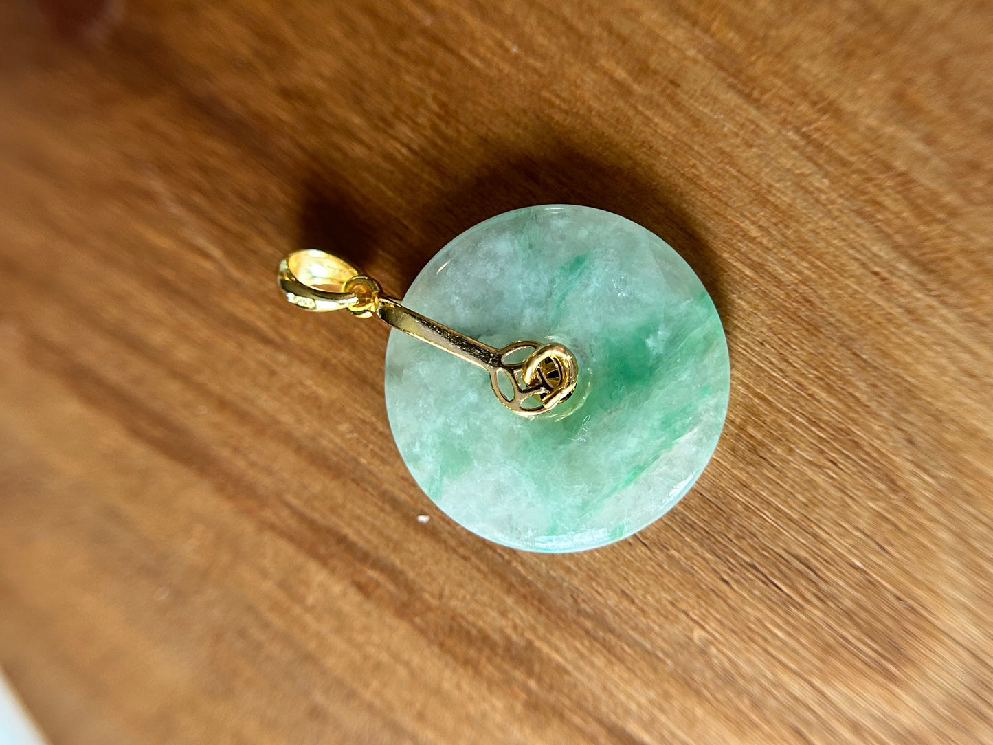 Grade A Natural green Jadeite Pi Disc ( peng on kou, donut) pendant with Gold over sterling  bailsilver  coin bail