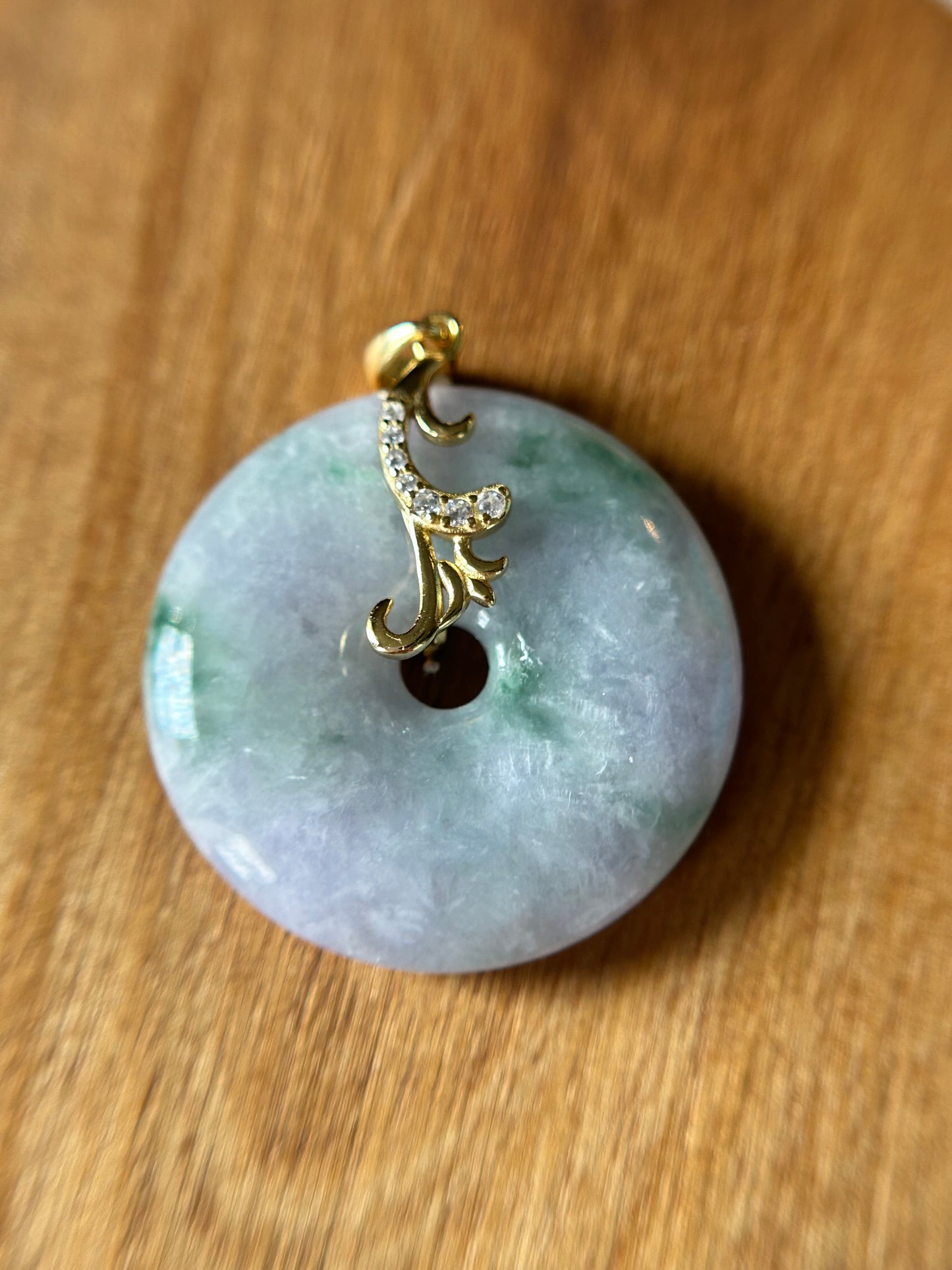 Grade A Natural lavender and green Jadeite Pi Disc ( peng on kou, donut) pendant with Gold over sterling silver  bail