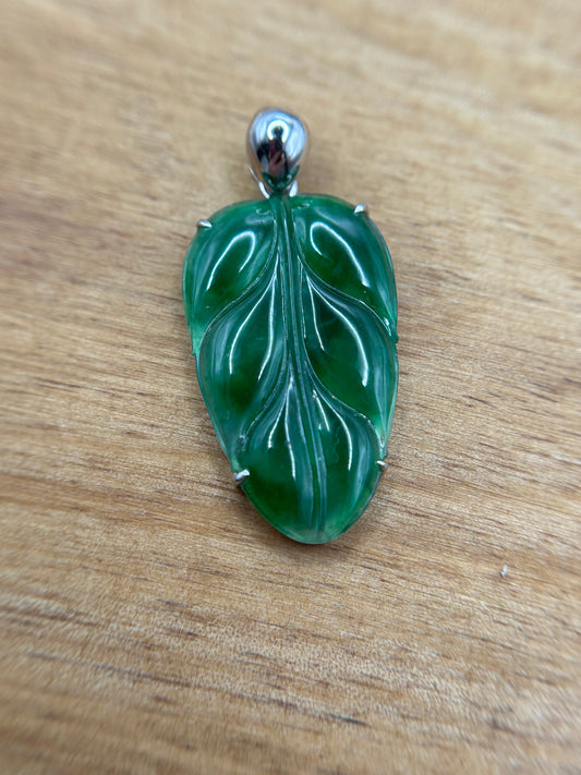 Natural Grade A Burmese Jadeite 18K white Gold Bail Glassy Bright Green Leaf Pendant