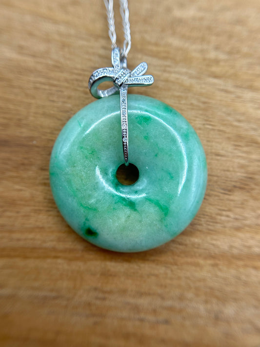 Grade A Natural Green and yellow Jadeite Pi Disc pendant with silver bail necklace