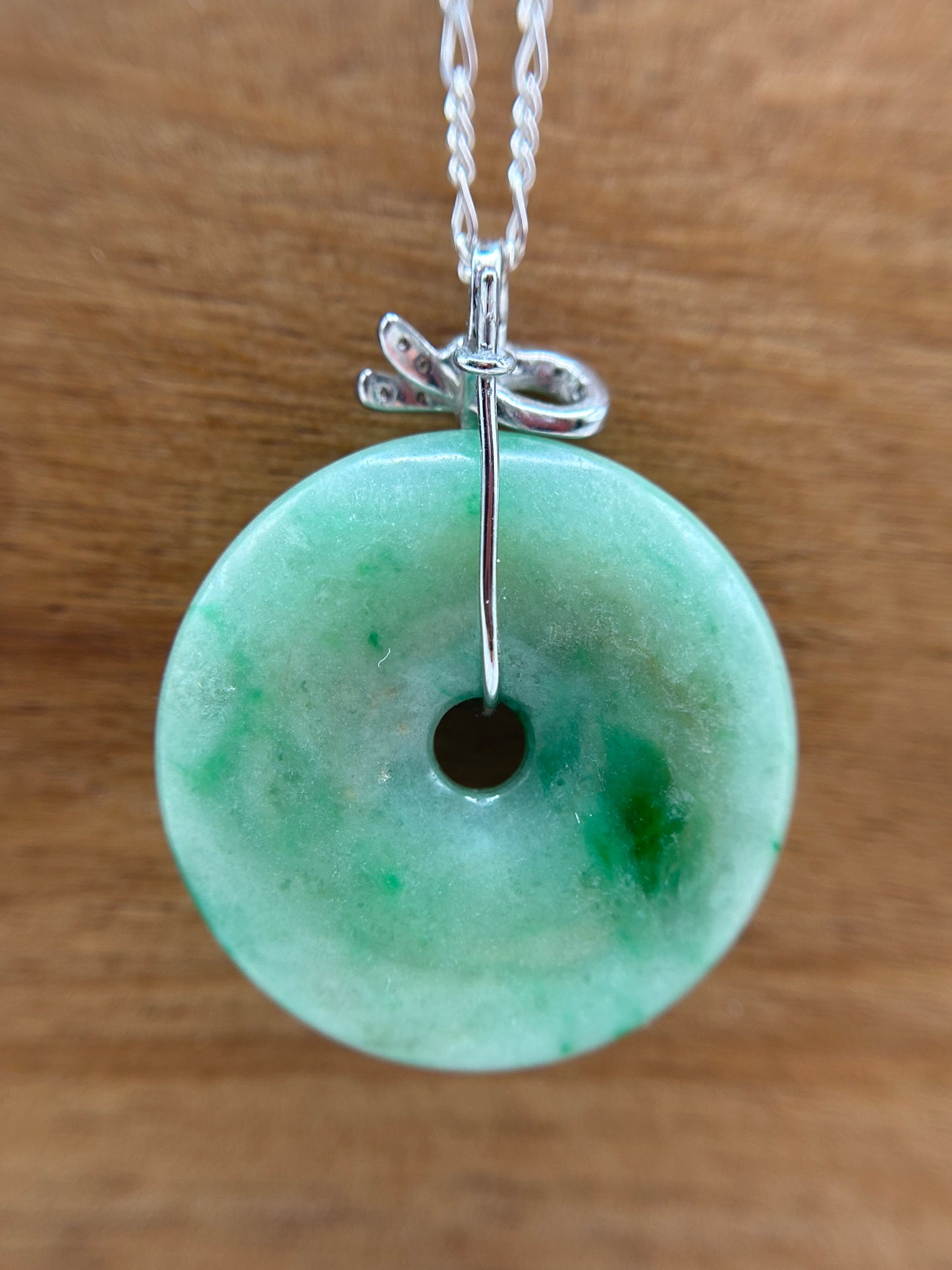 Grade A Natural Green and yellow Jadeite Pi Disc pendant with silver bail necklace