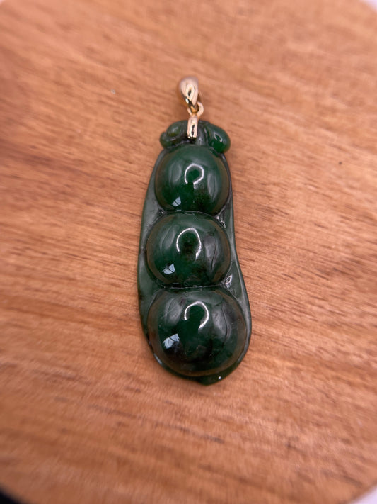 Grade A Natural 18K yellow gold bail deep green Three peas in a pod Jadeite pendant.