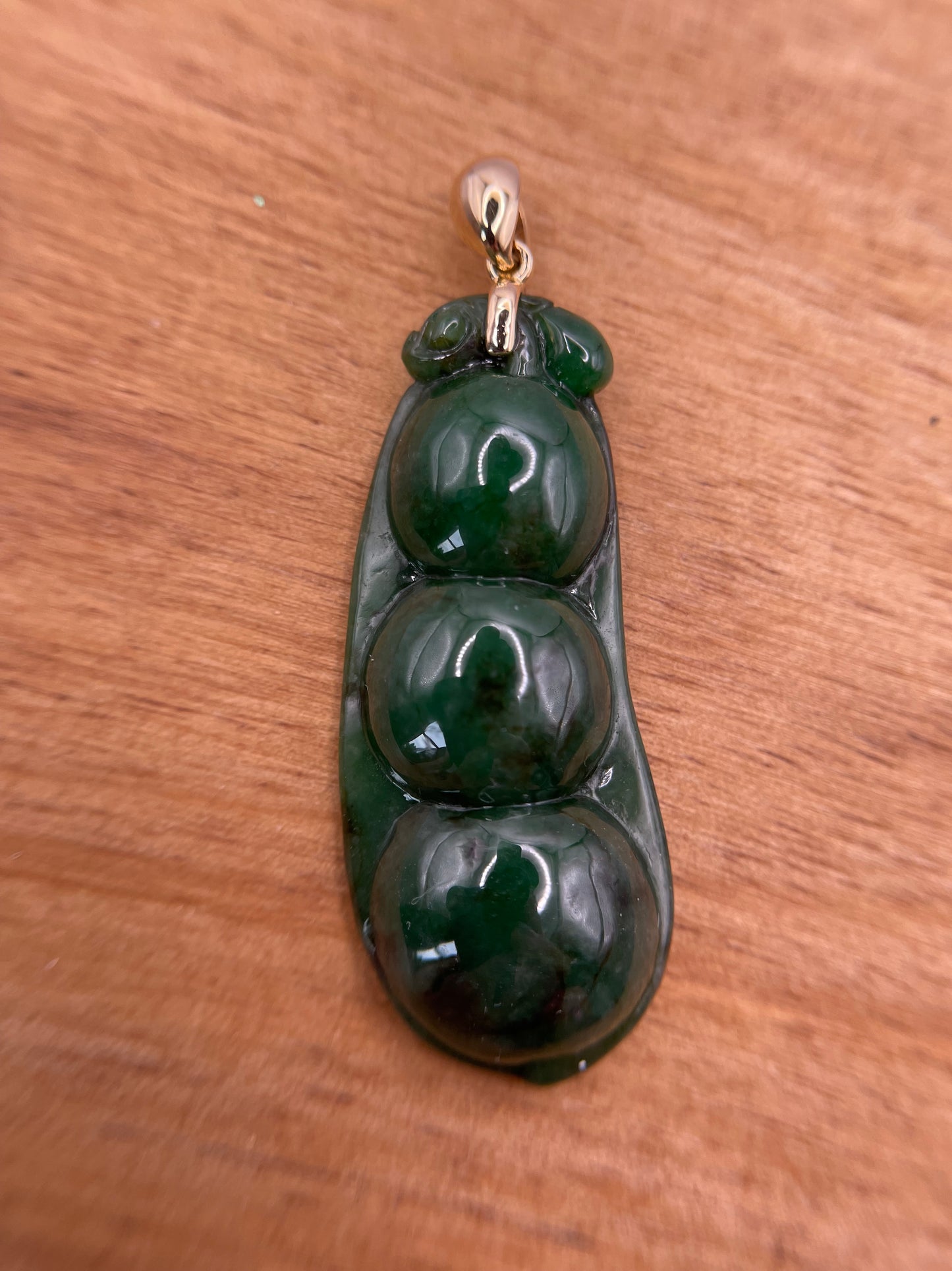 Grade A Natural 18K yellow gold bail deep green Three peas in a pod Jadeite pendant.
