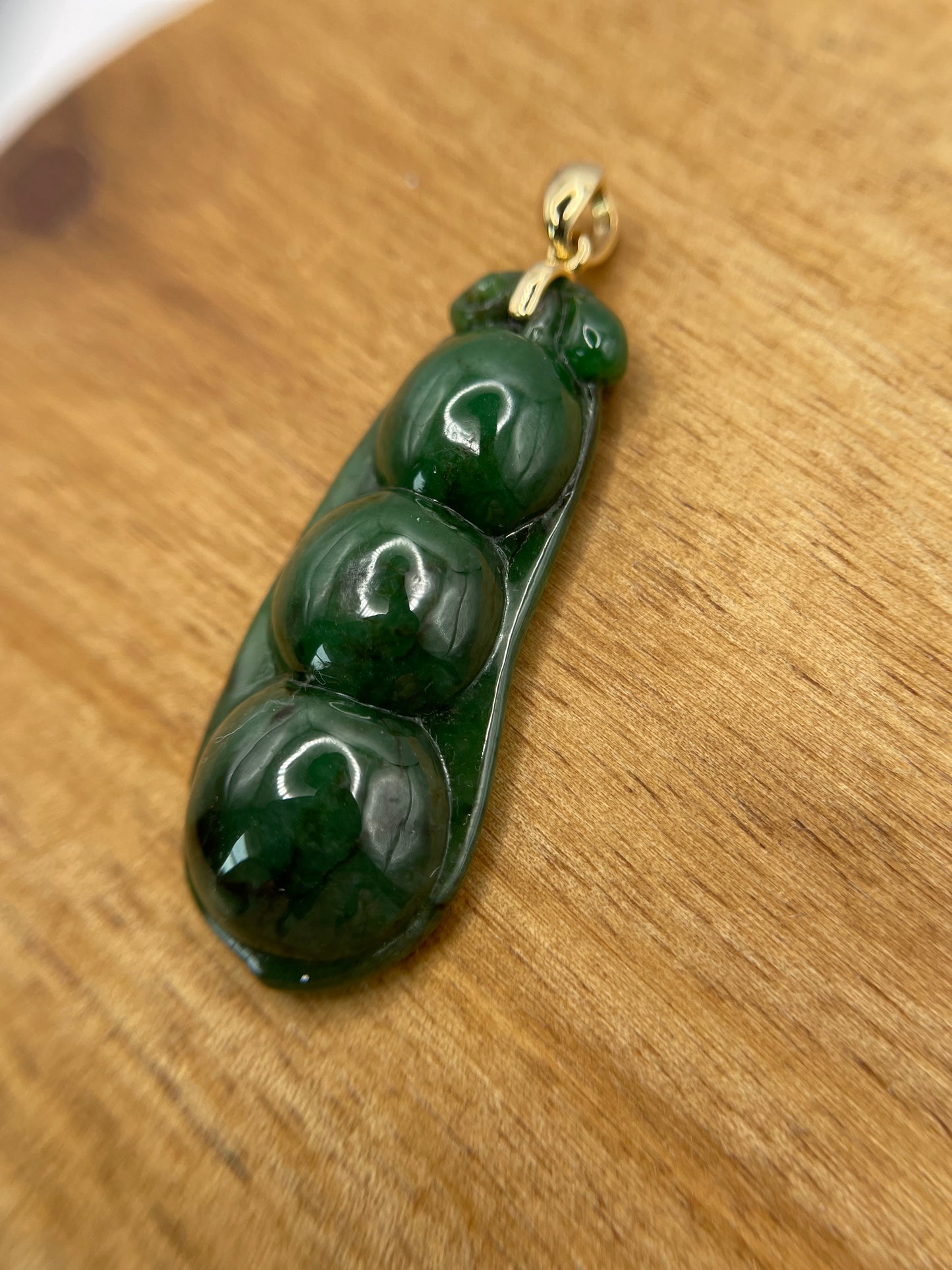 Grade A Natural 18K yellow gold bail deep green Three peas in a pod Jadeite pendant.