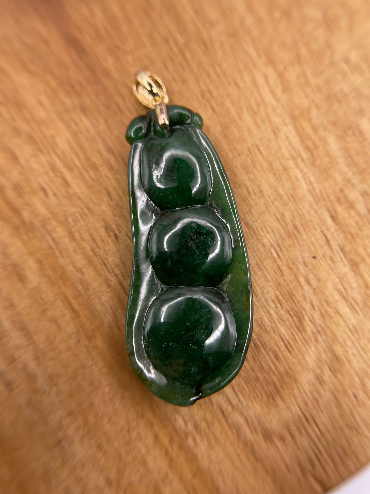 Grade A Natural 18K yellow gold bail deep green Three peas in a pod Jadeite pendant.