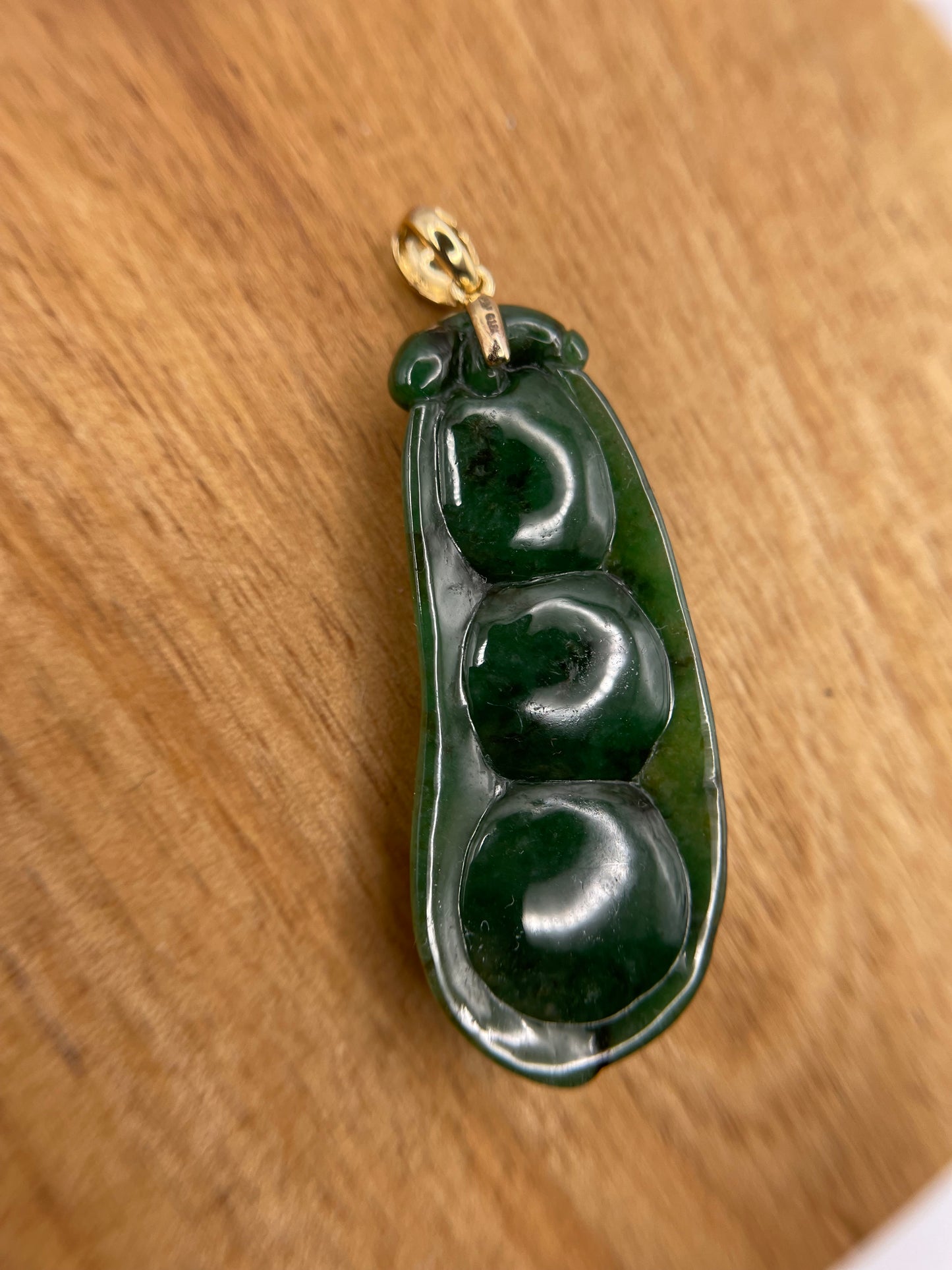 Grade A Natural 18K yellow gold bail deep green Three peas in a pod Jadeite pendant.