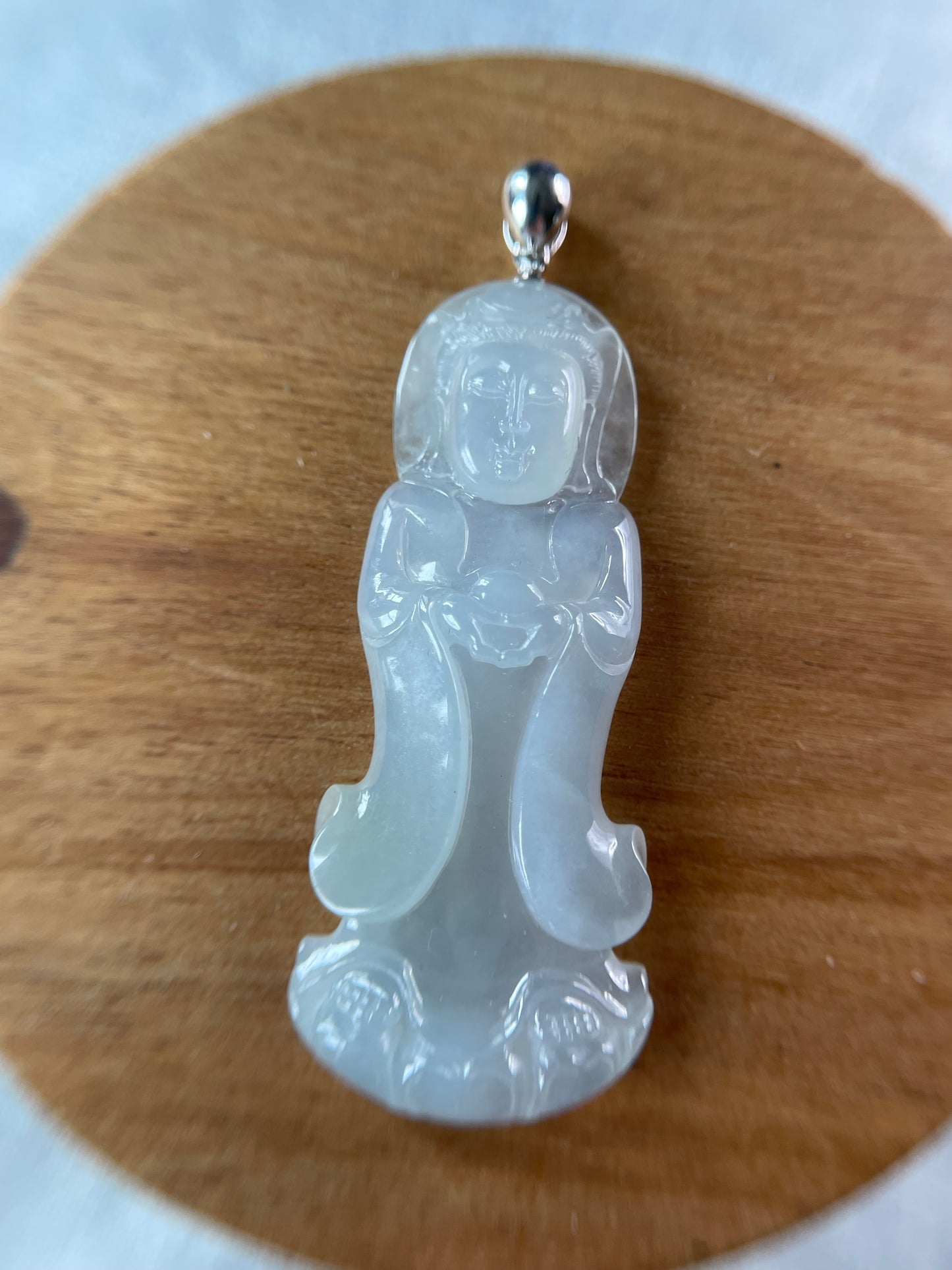 Grade A Natural Icy White Burma Jadeite Guanyin pendant with 18K white gold bail