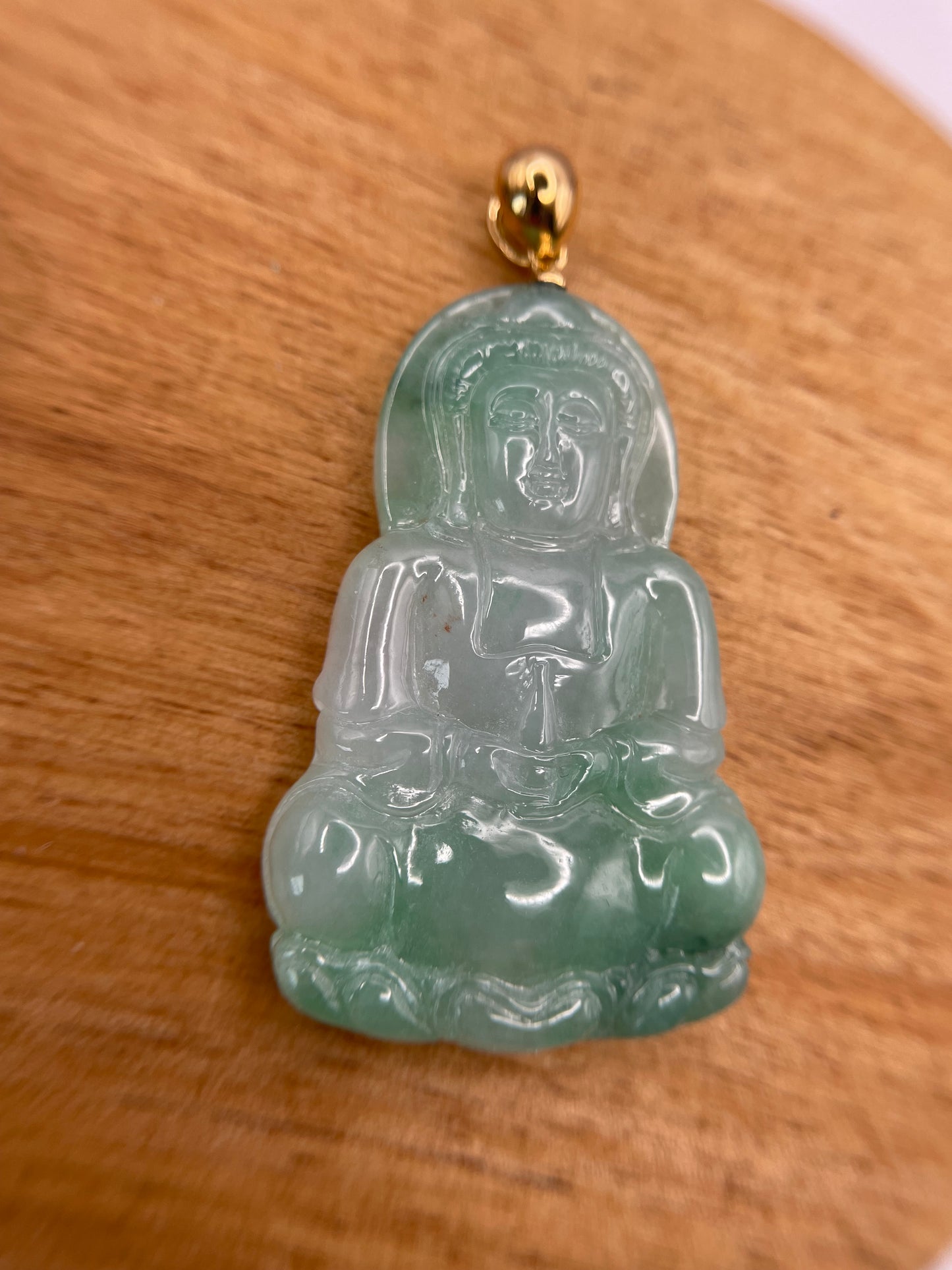 Grade A Natural Icy Green Burma Jadeite Guanyin pendant with 18K Yellow gold bail