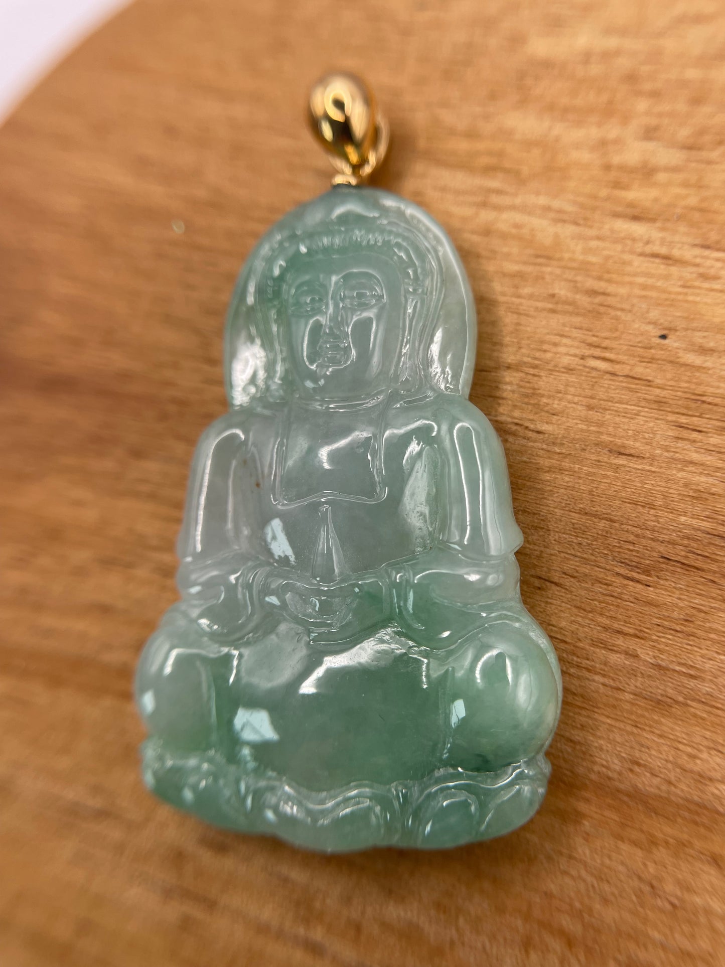 Grade A Natural Icy Green Burma Jadeite Guanyin pendant with 18K Yellow gold bail