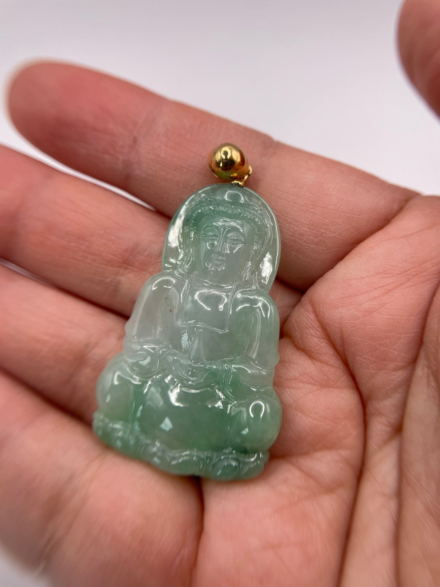 Grade A Natural Icy Green Burma Jadeite Guanyin pendant with 18K Yellow gold bail