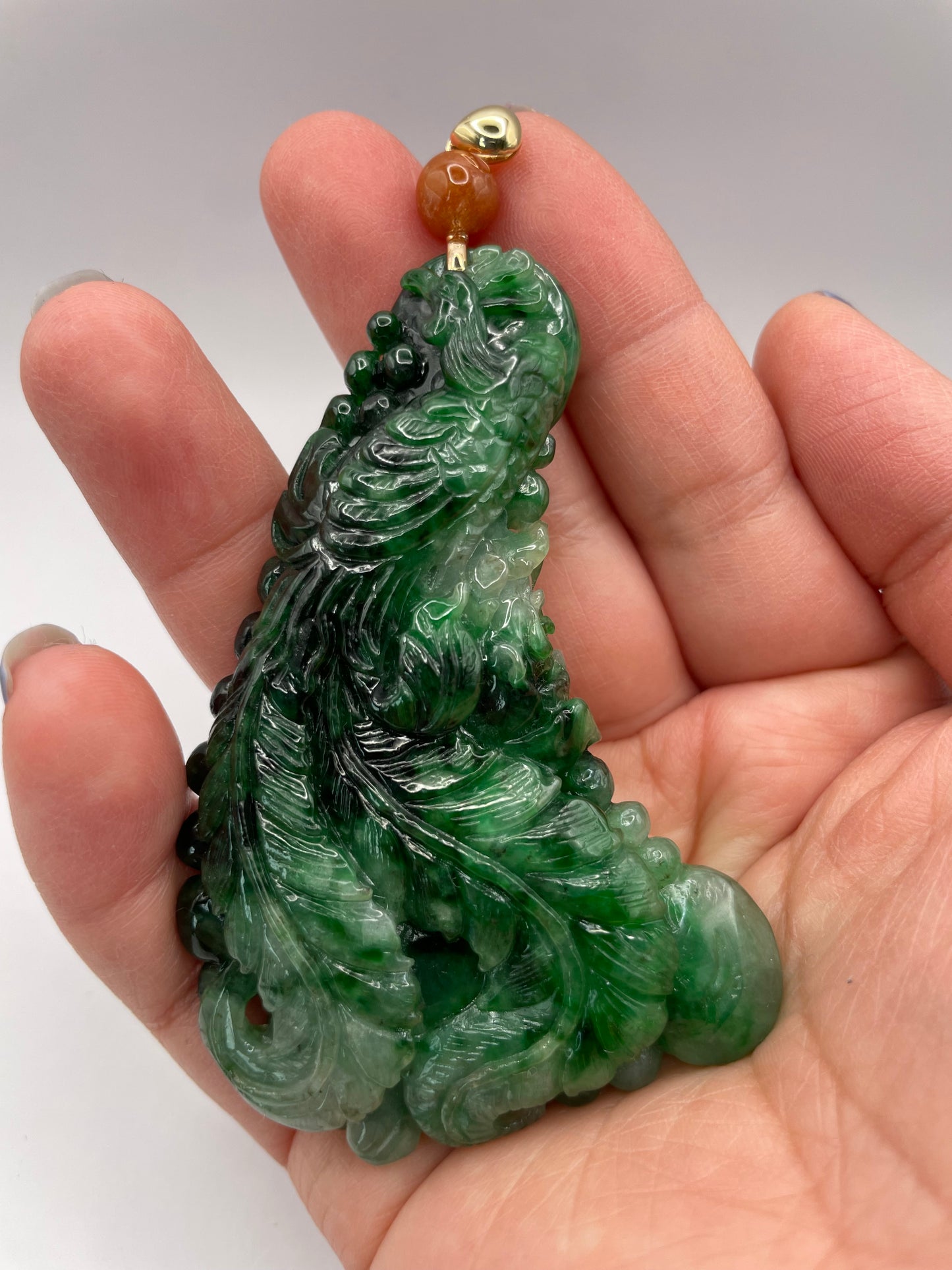 Dark green hand craft Phoenix 18K yellow gold bail Pendant