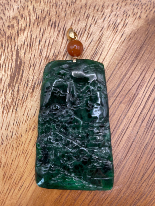 Grade A Natural icy green Jadeite mountain view pendant with 18K yellow gold bail