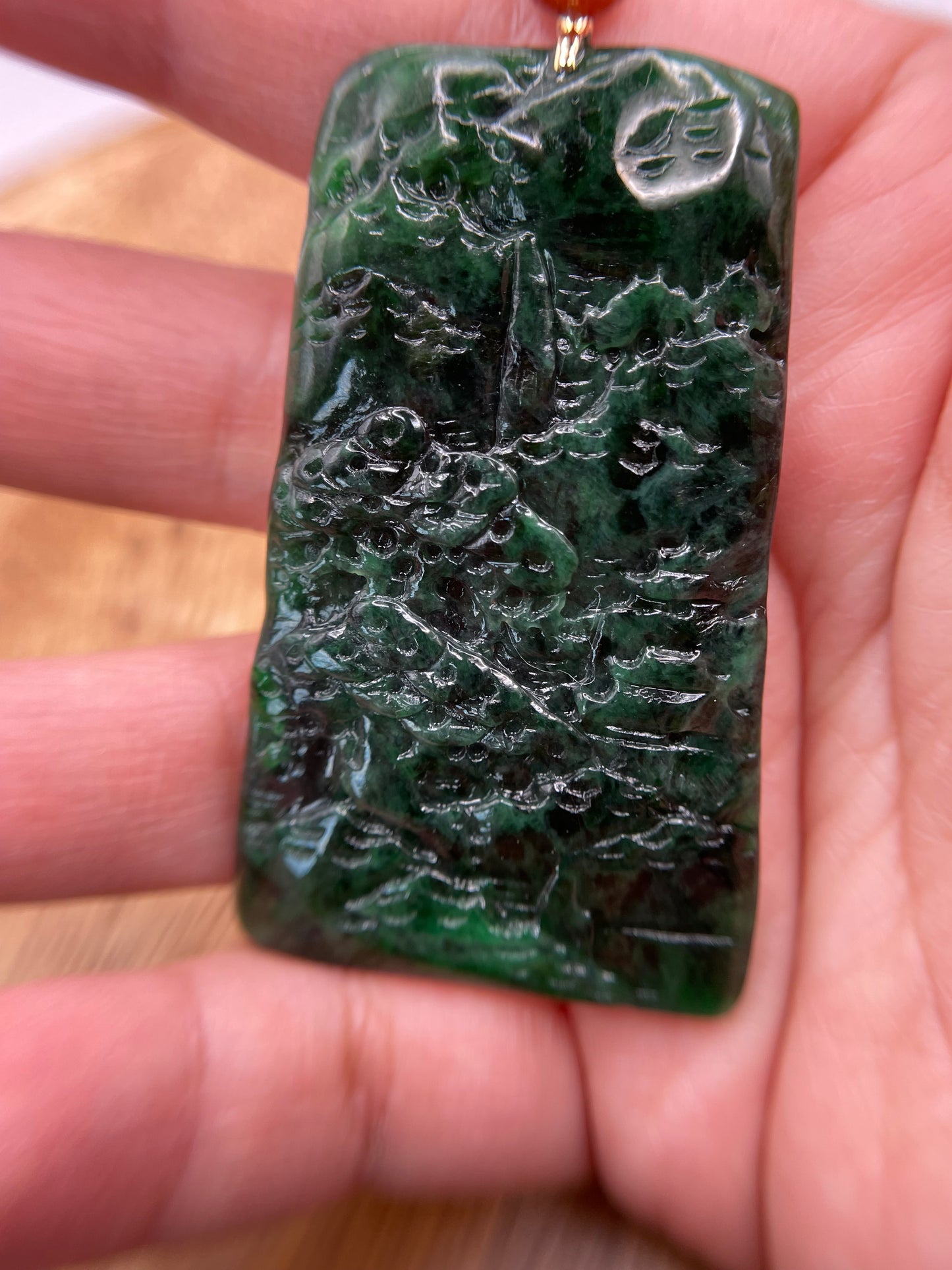 Grade A Natural icy green Jadeite mountain view pendant with 18K yellow gold bail
