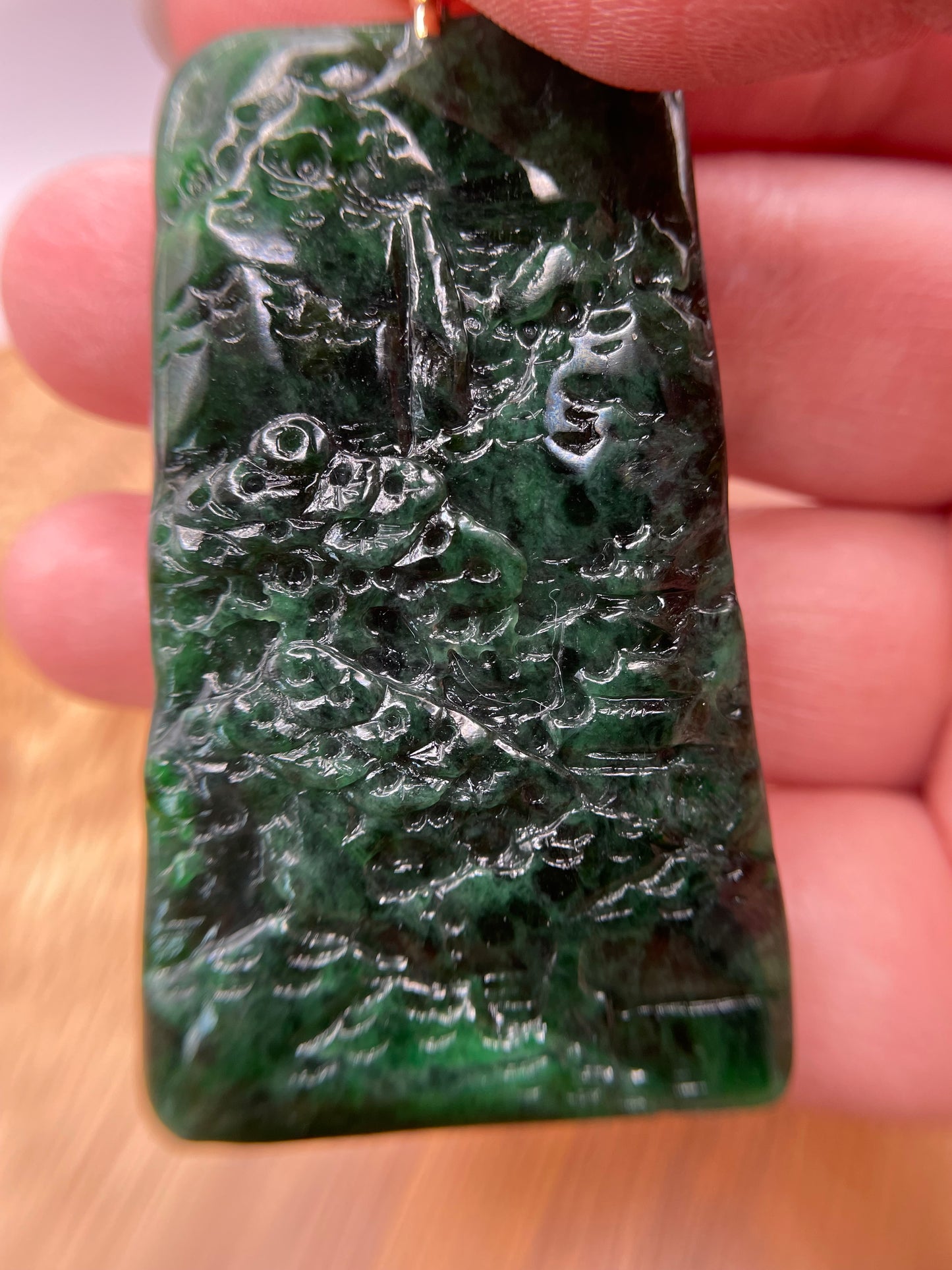 Grade A Natural icy green Jadeite mountain view pendant with 18K yellow gold bail