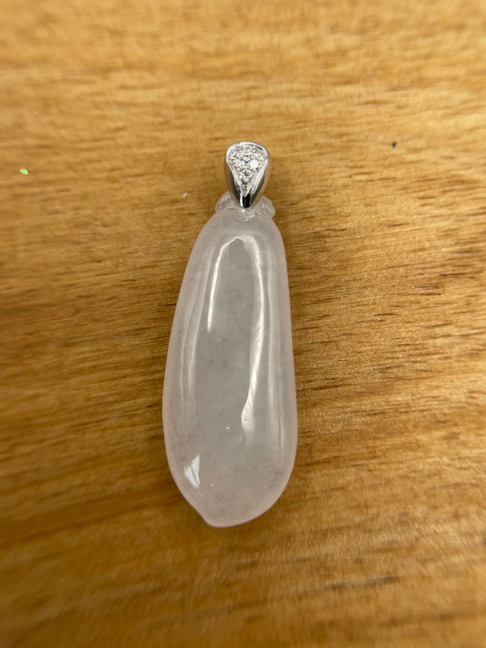 Grade A Natural Burma Icy White Jadeite lucky melon pendant with 18K white Gold with diamond bail pendant