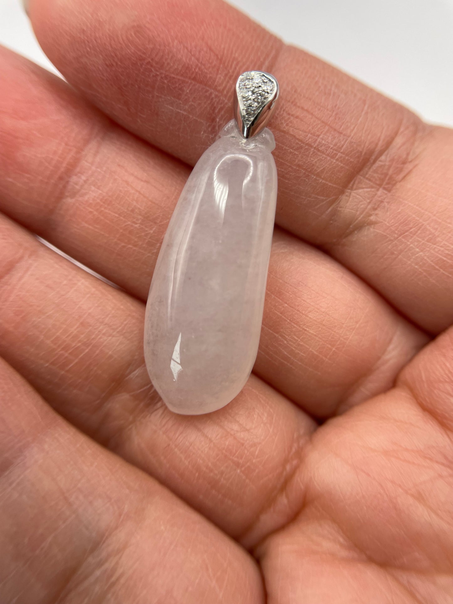 Grade A Natural Burma Icy White Jadeite lucky melon pendant with 18K white Gold with diamond bail pendant