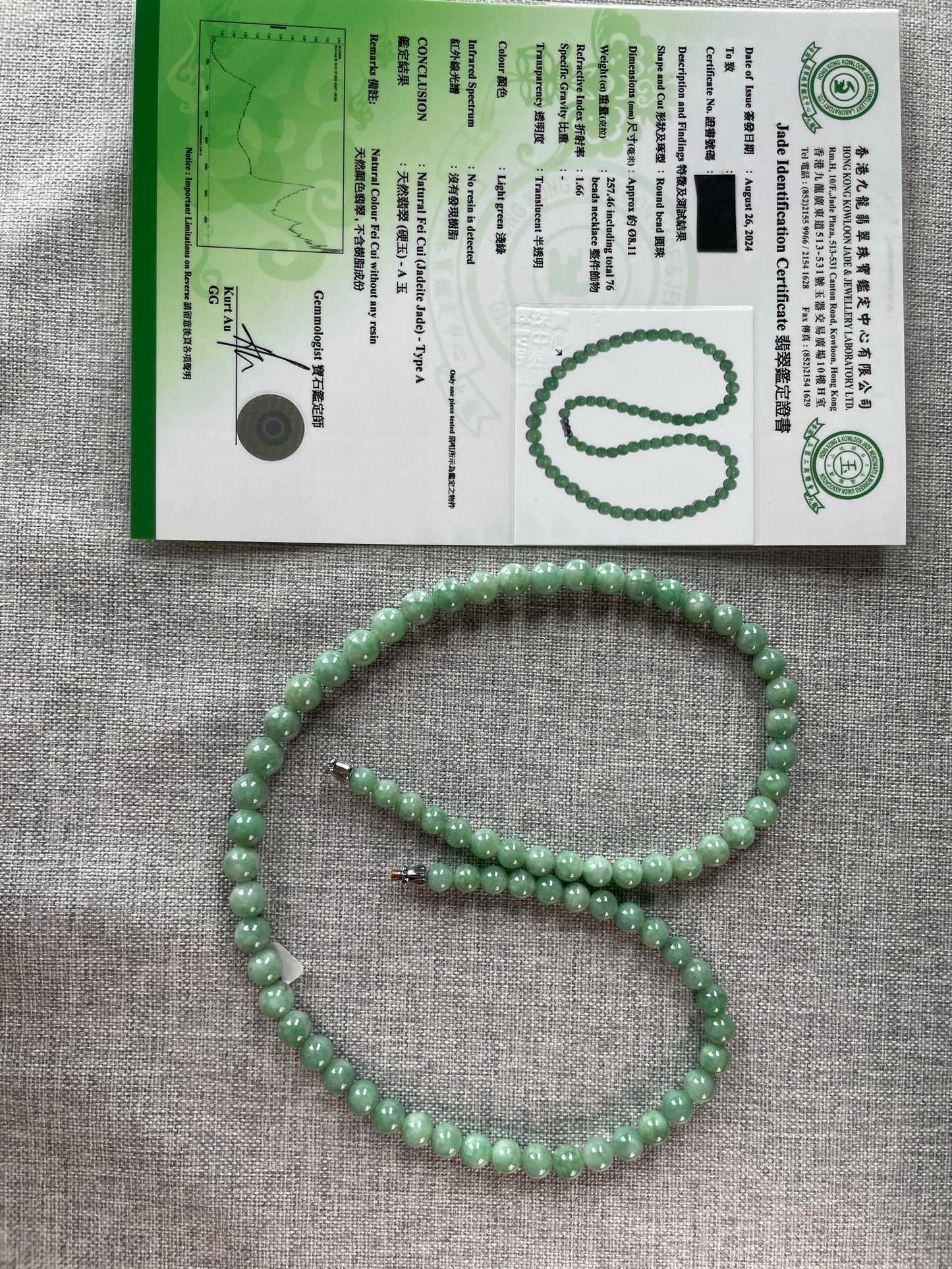 Grade A Natural green Burmese Jadeite beads necklace with sterling silver closure
