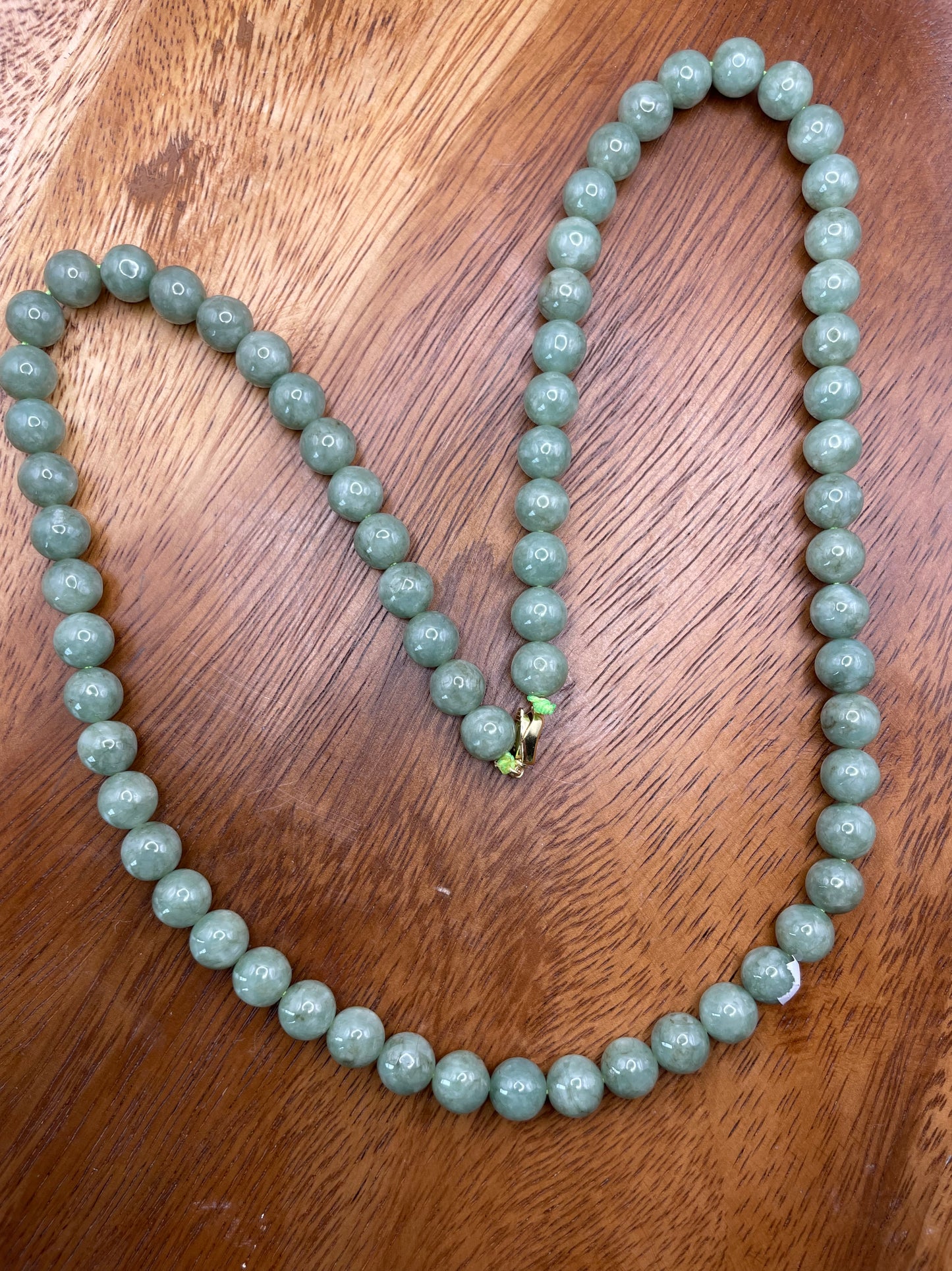 Grade A Natural green Burmese Jadeite beads necklace with gold overlay sterling silver closure