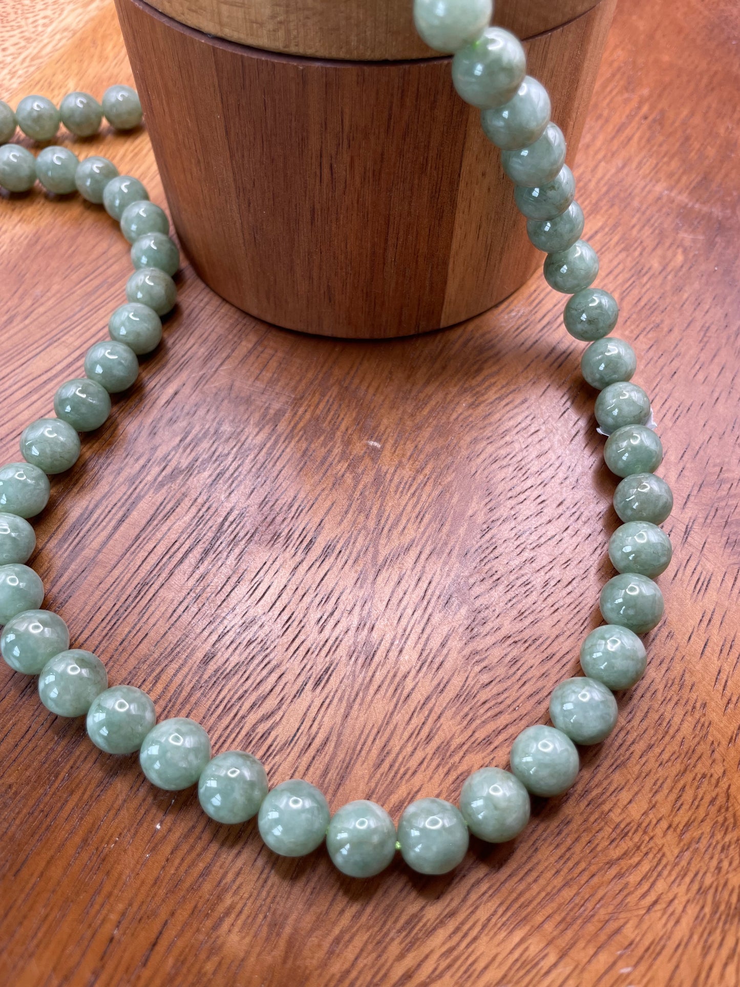 Grade A Natural green Burmese Jadeite beads necklace with gold overlay sterling silver closure