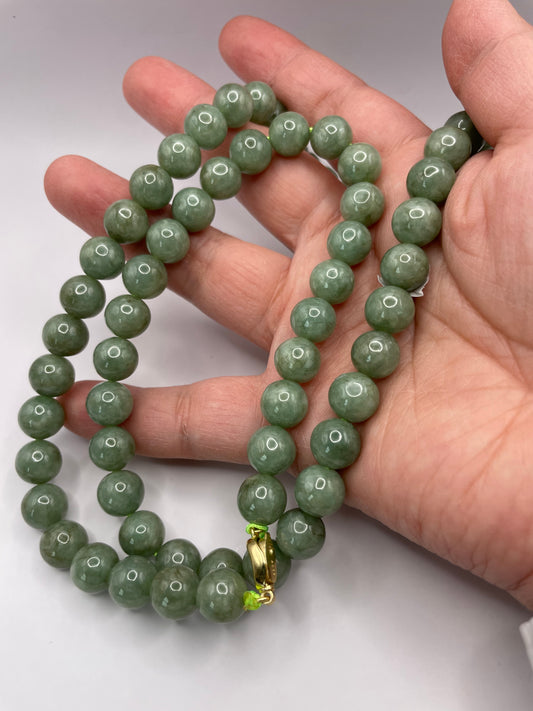 Grade A Natural green Burmese Jadeite beads necklace with gold overlay  sterling silver closure