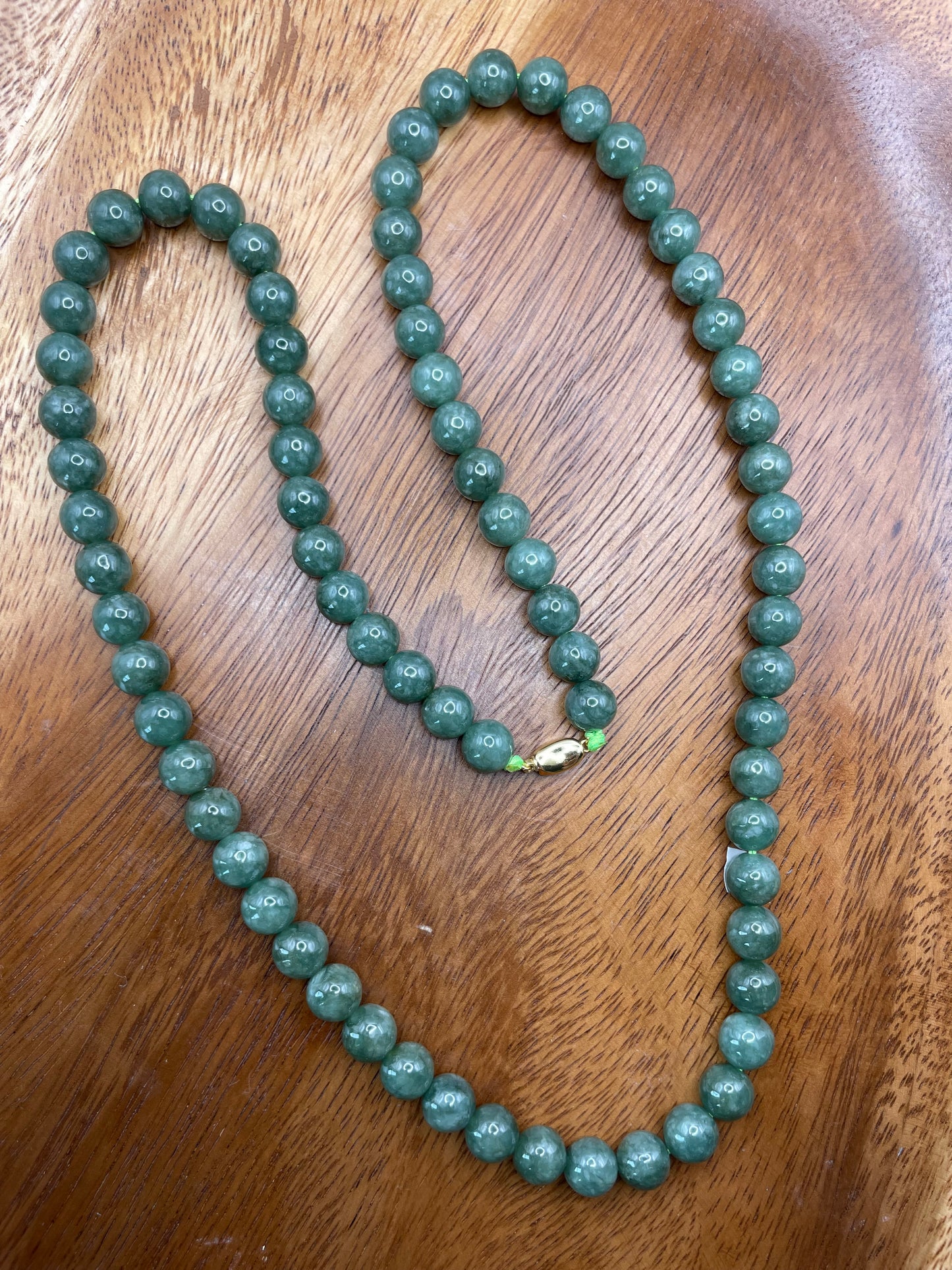 Grade A Natural Dark green Burmese Jadeite beads necklace with gold overlay sterling silver closure
