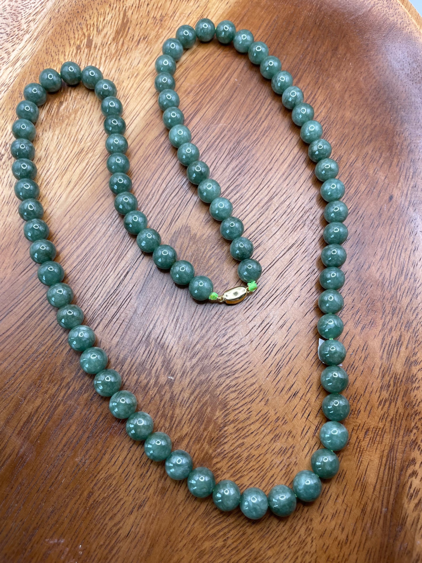 Grade A Natural Dark green Burmese Jadeite beads necklace with gold overlay sterling silver closure