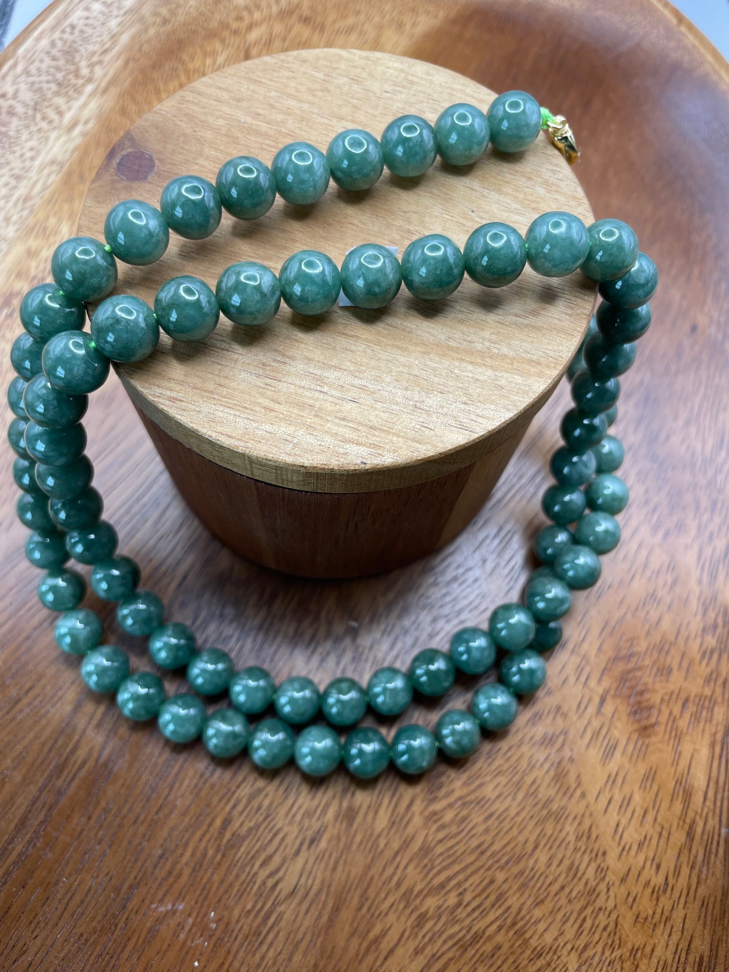 Grade A Natural Dark green Burmese Jadeite beads necklace with gold overlay sterling silver closure