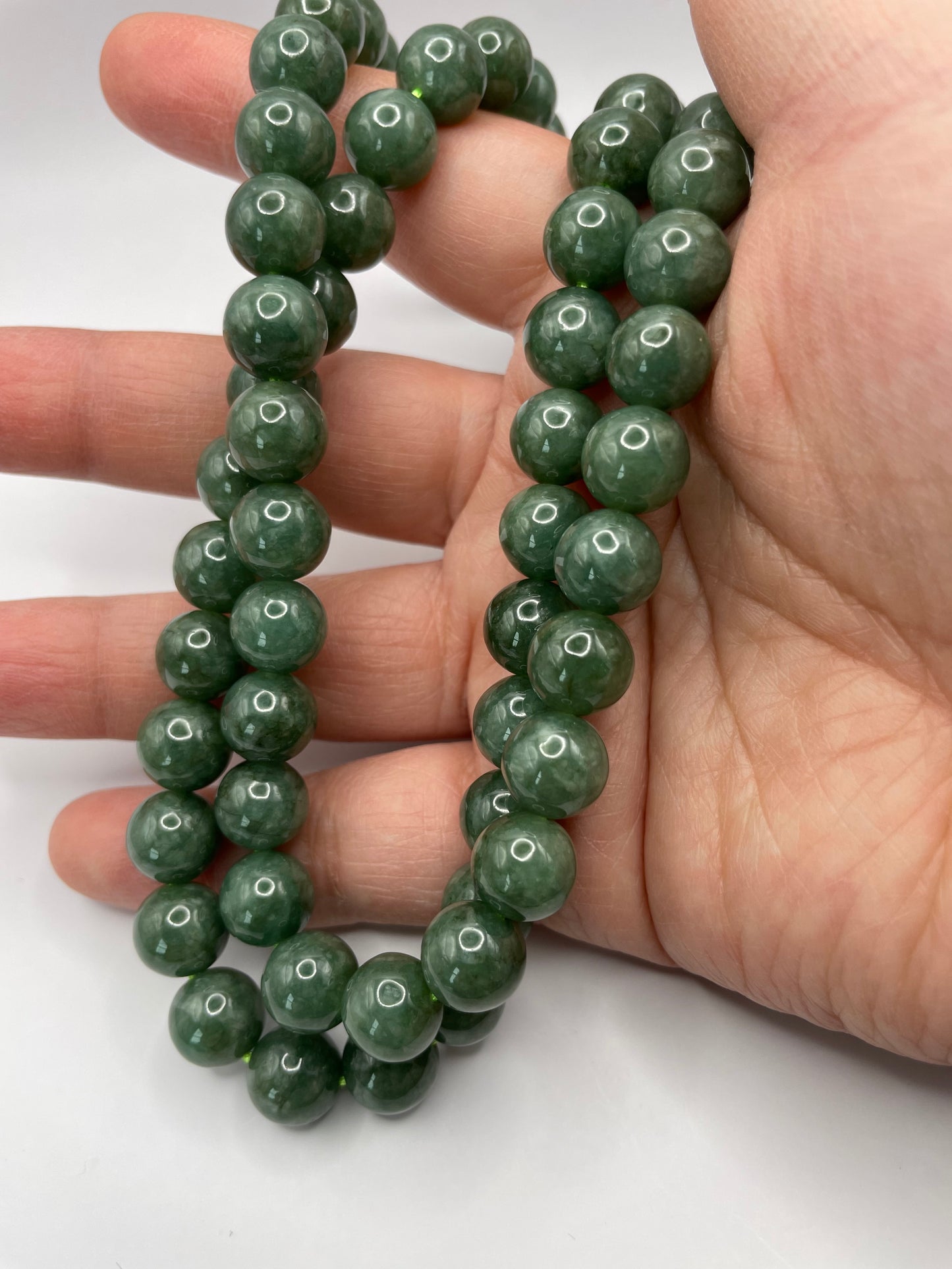 Grade A Natural Dark green Burmese Jadeite beads necklace with gold overlay sterling silver closure