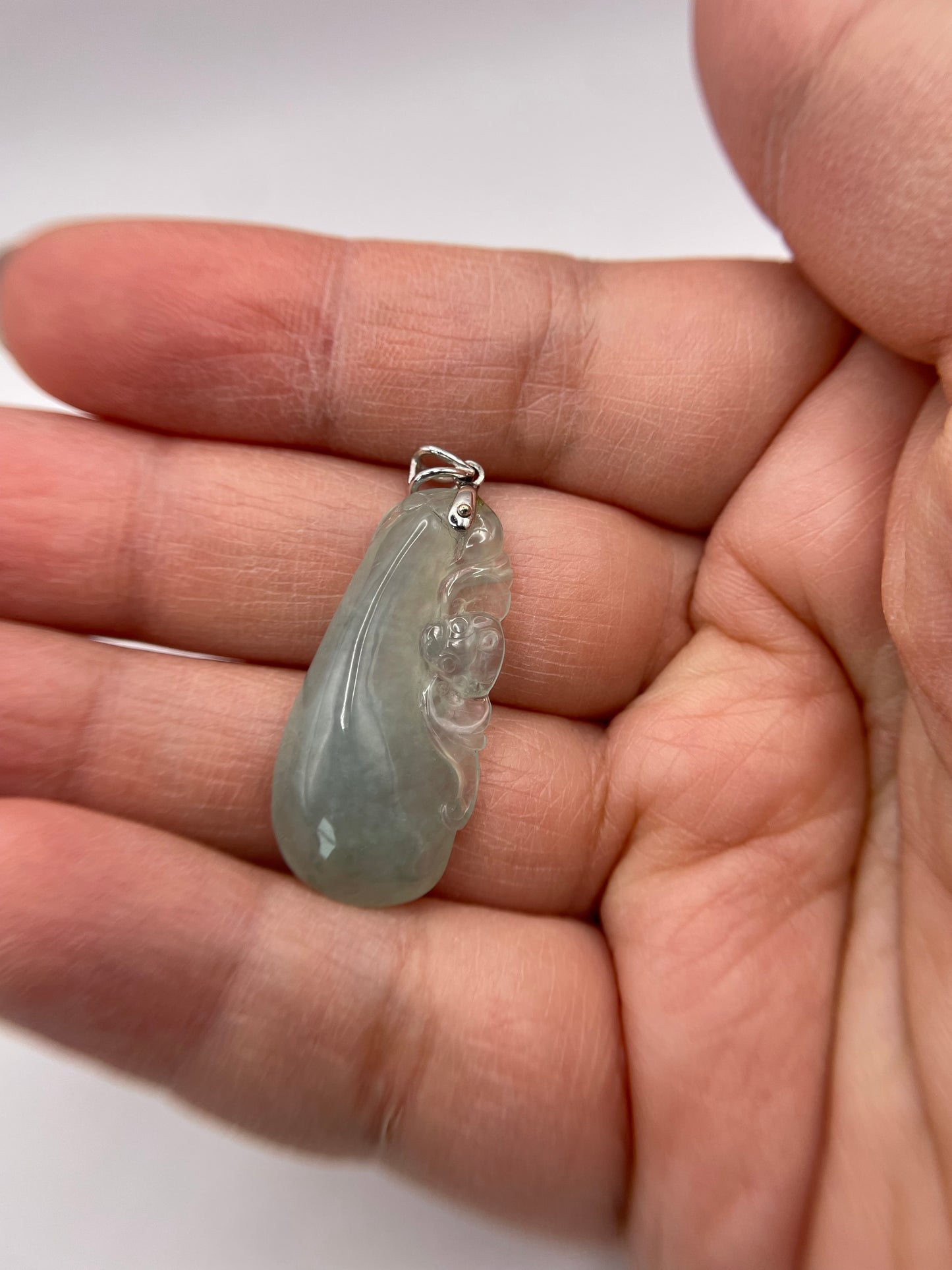 Grade A Natural Burma Icy white Jadeite squash pendant with 18K white gold bail pendant