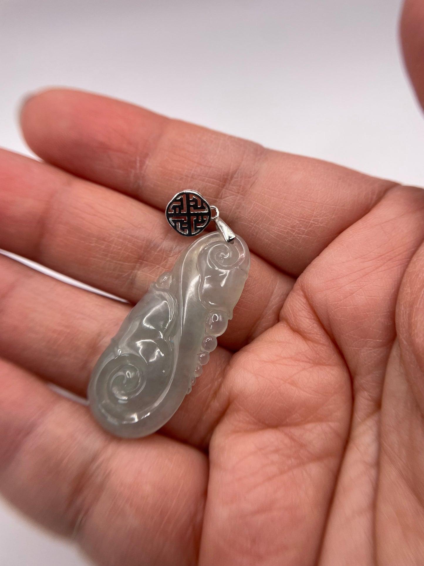 Natural Grade A Burmese Jadeite. icy white Yuyi , silver bail Pendant