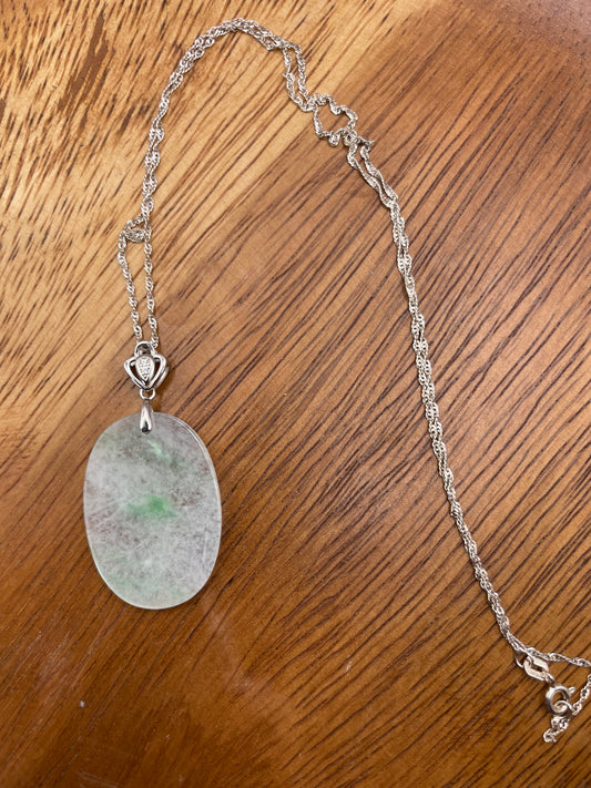 Grade A Natural Icy White Burma Jadeite Oval pendant With Silver bail Pendant