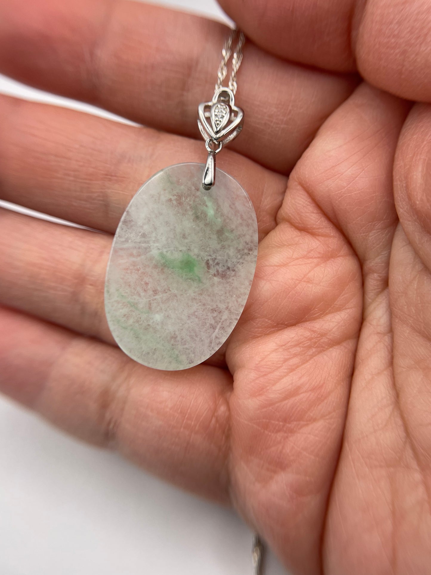 Grade A Natural Icy White Burma Jadeite Oval pendant With Silver bail Pendant