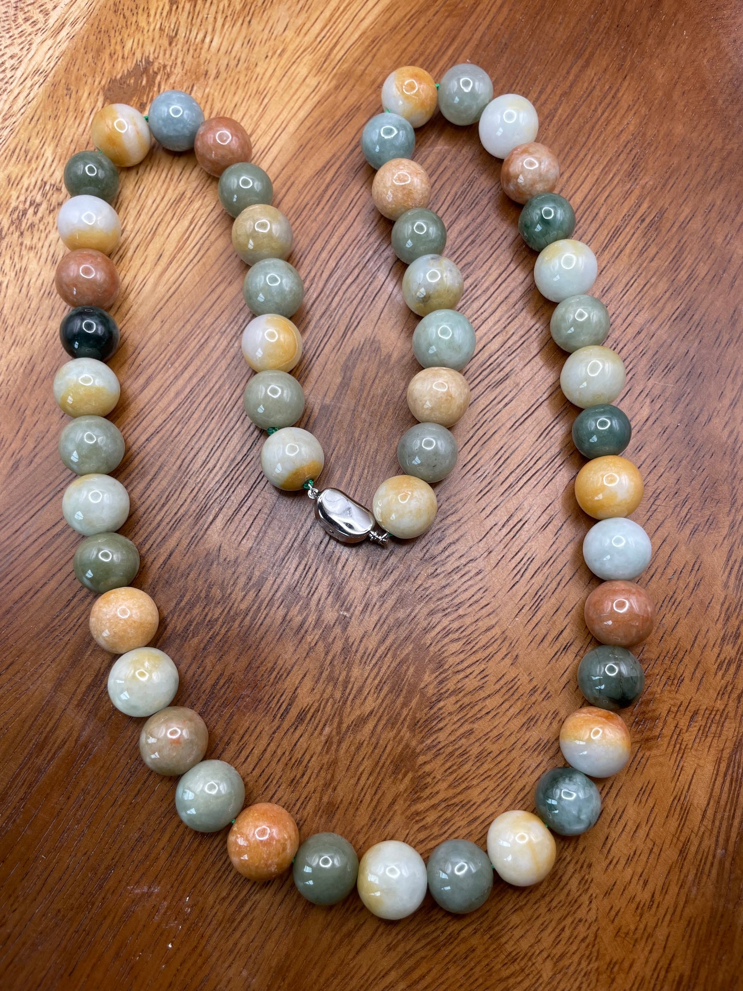 Grade A Natural Multi Color Burmese Jadeite beads necklace with  sterling silver closure