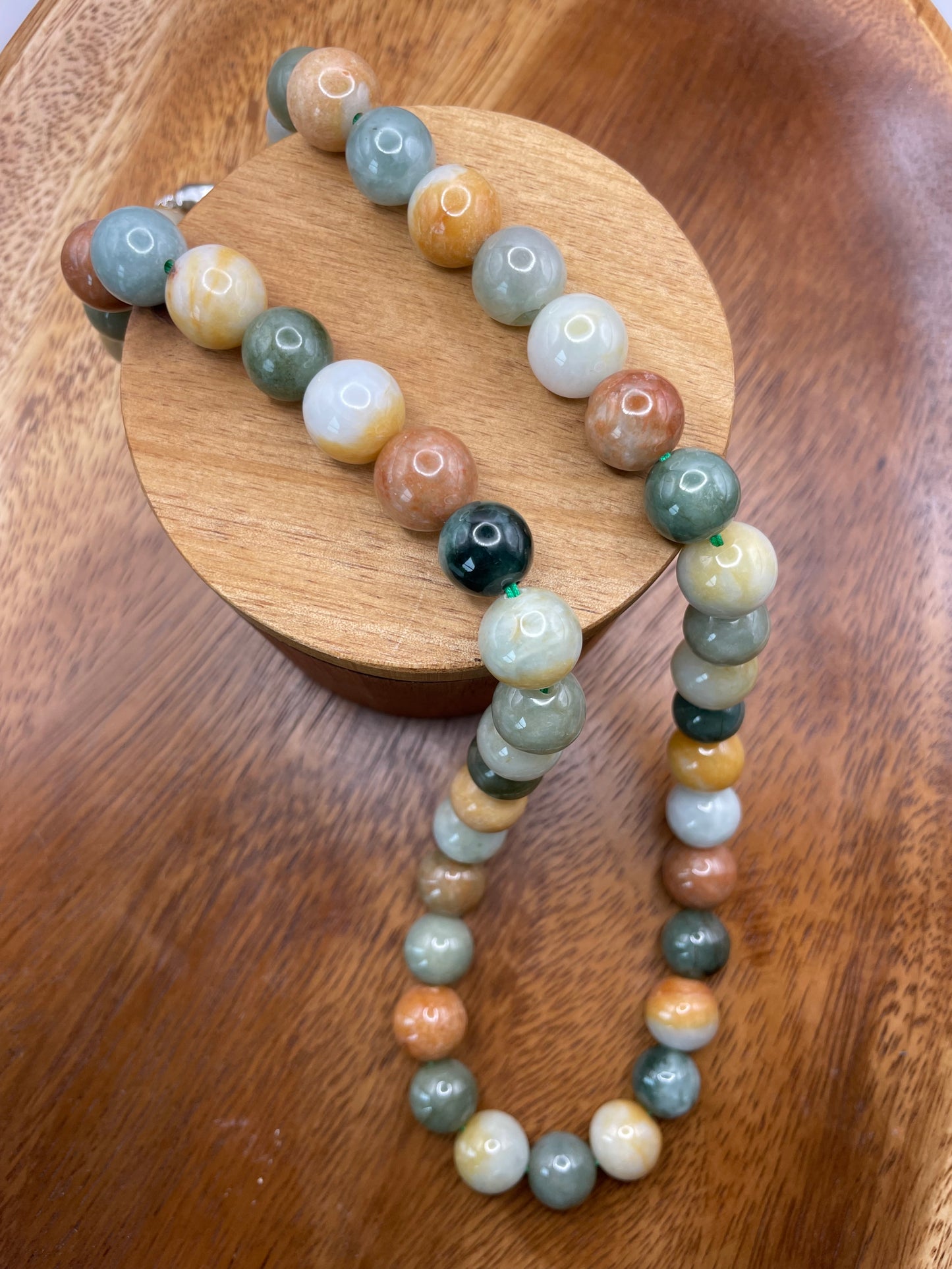 Grade A Natural Multi Color Burmese Jadeite beads necklace with  sterling silver closure