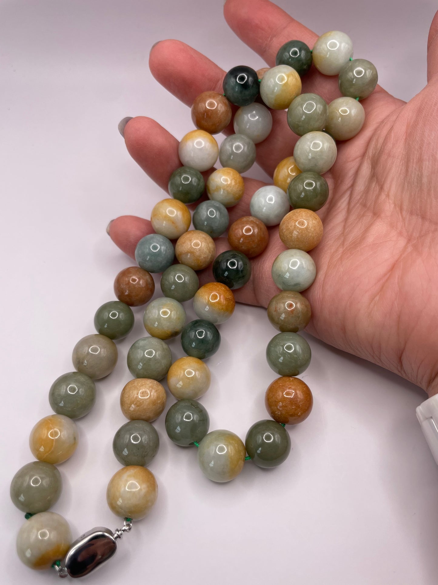 Grade A Natural Multi Color Burmese Jadeite beads necklace with  sterling silver closure