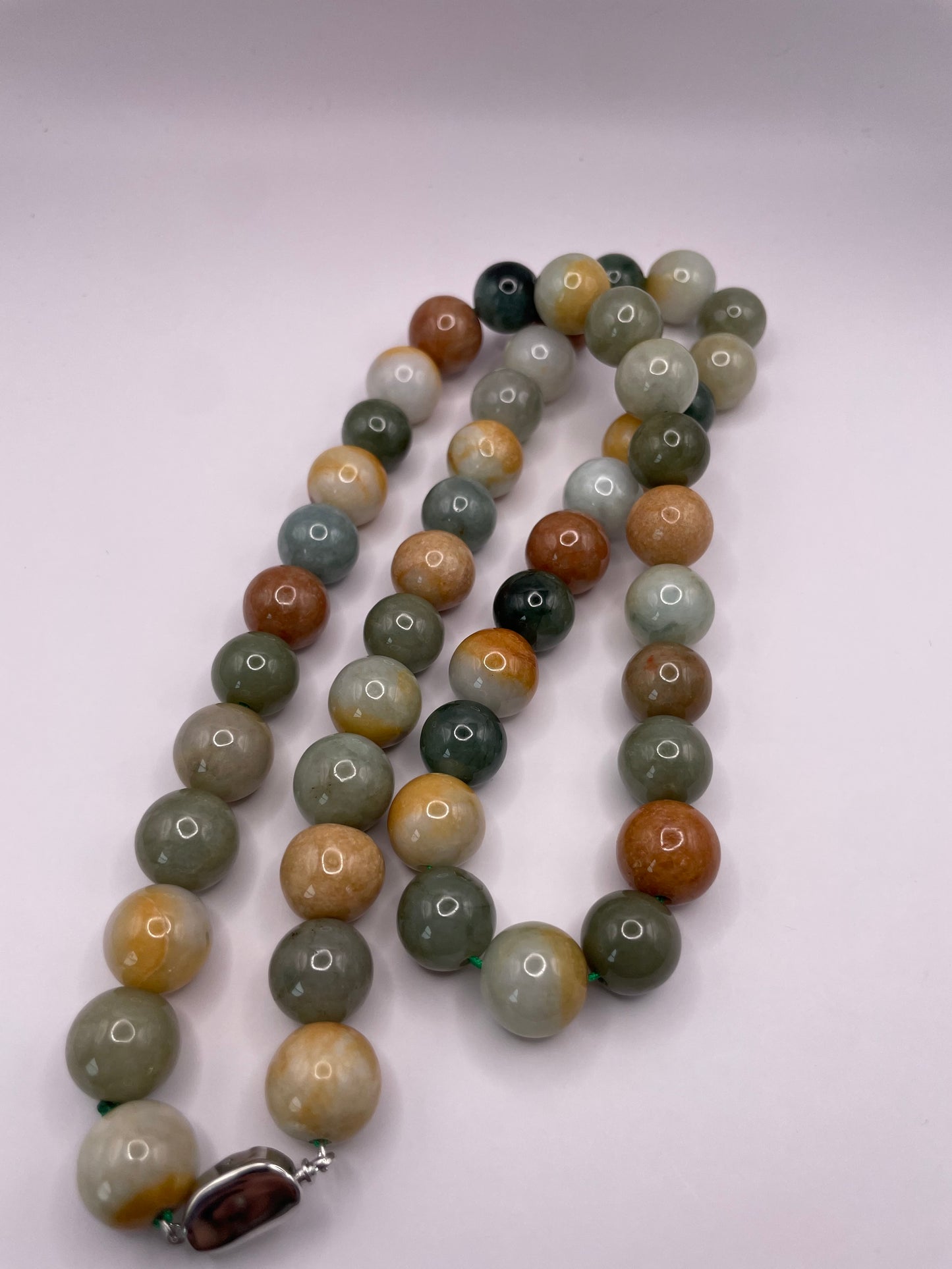 Grade A Natural Multi Color Burmese Jadeite beads necklace with  sterling silver closure