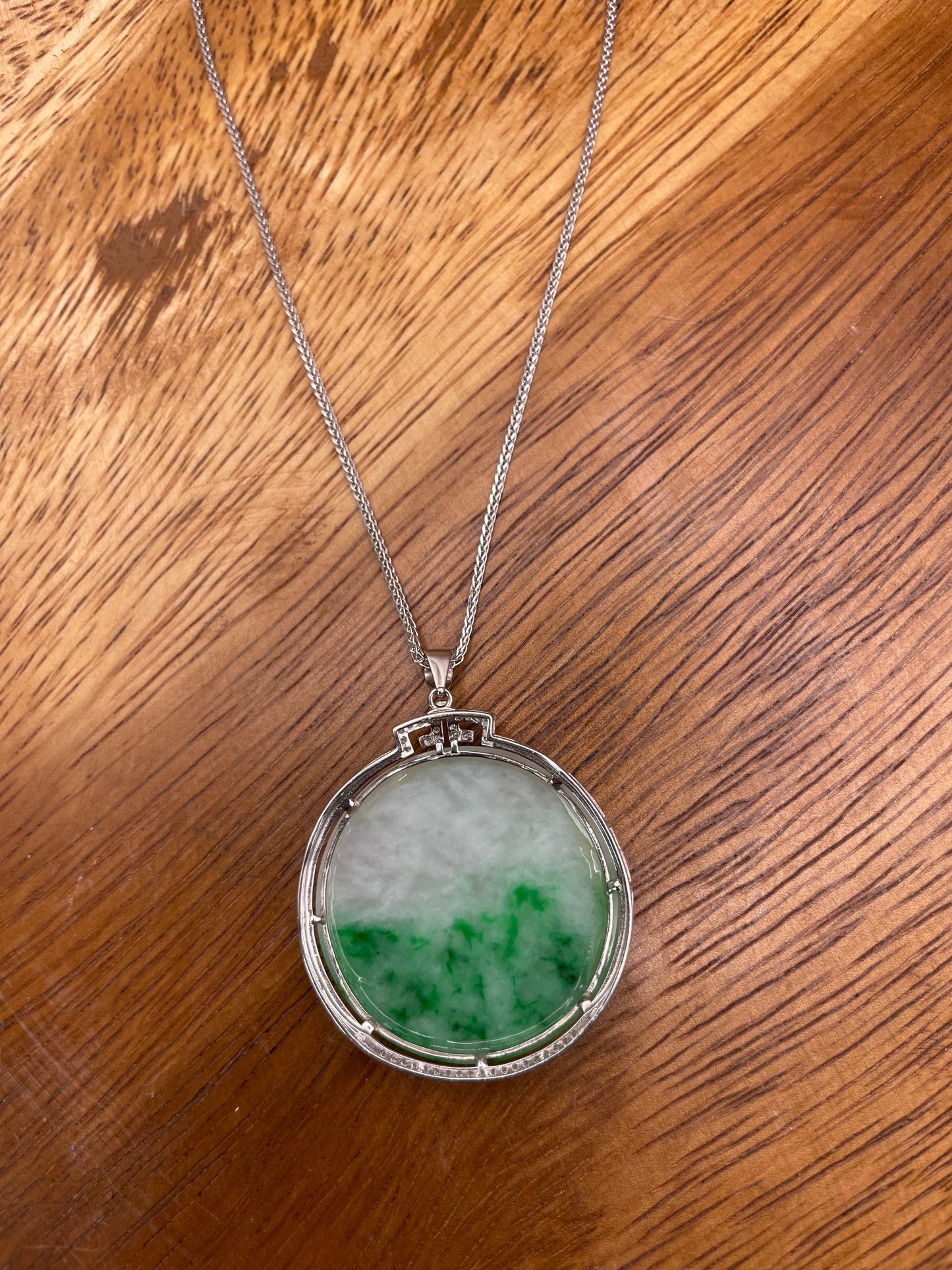 Grade A Natural Green Burma Jadeite Full moon Pendant with silver mounting necklace