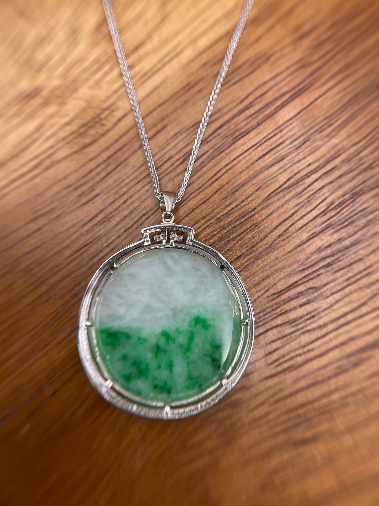 Grade A Natural Green Burma Jadeite Full moon Pendant with silver mounting necklace