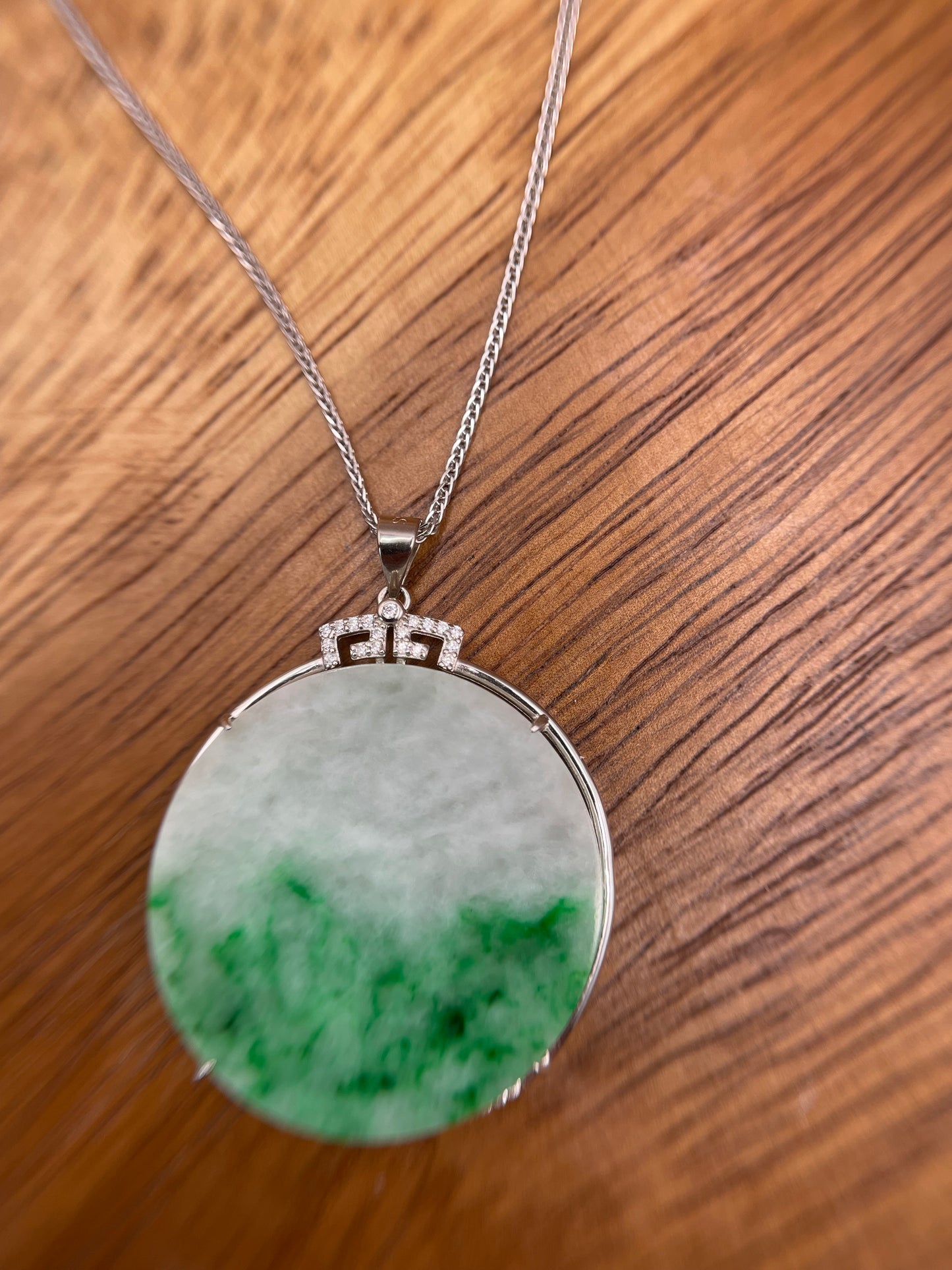 Grade A Natural Green Burma Jadeite Full moon Pendant with silver mounting necklace
