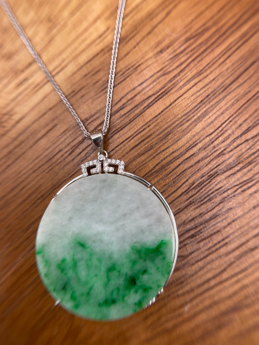 Grade A Natural Green Burma Jadeite Full moon Pendant with silver mounting necklace