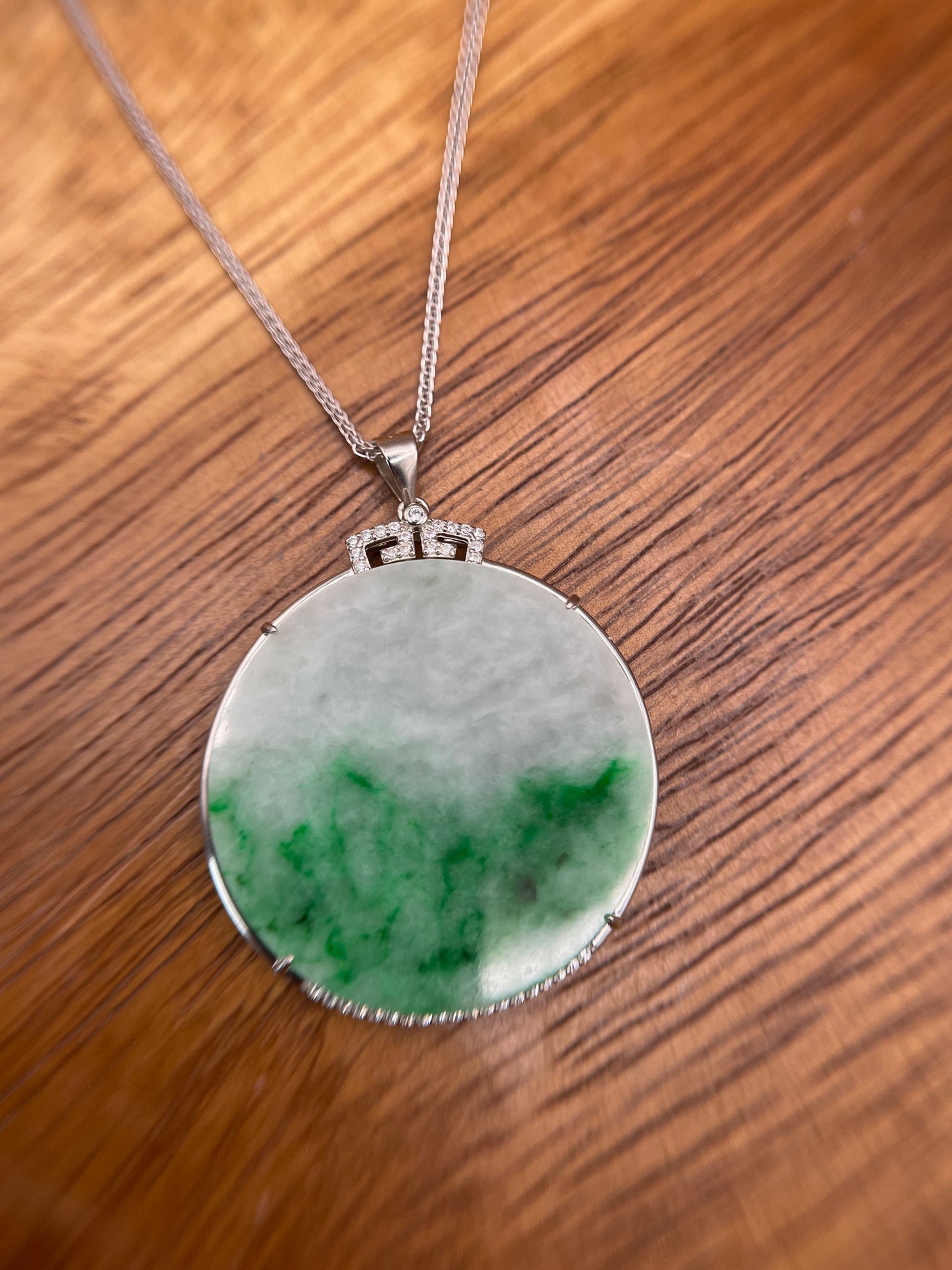 Grade A Natural Green Burma Jadeite Full moon Pendant with silver mounting necklace