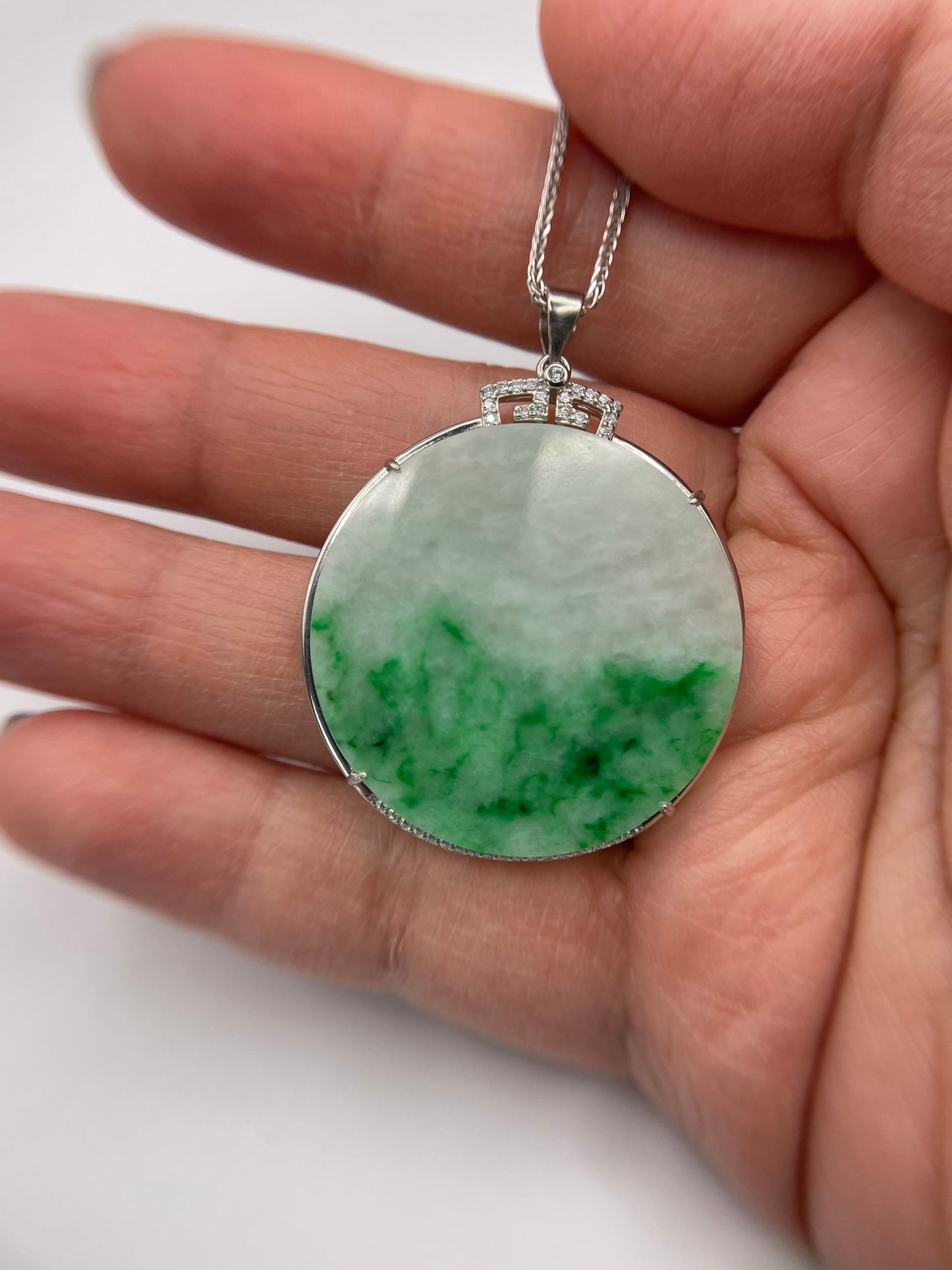 Grade A Natural Green Burma Jadeite Full moon Pendant with silver mounting necklace