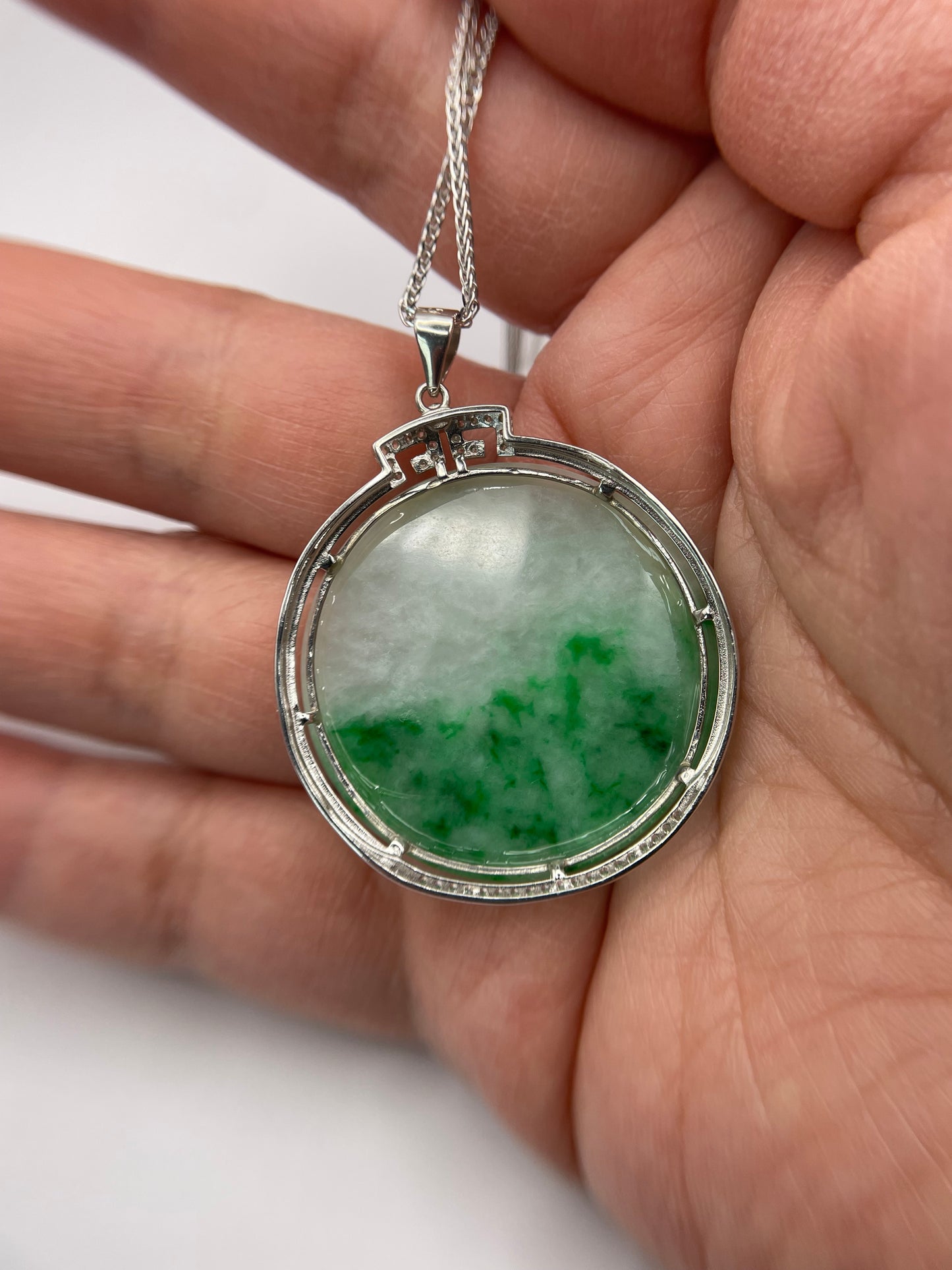 Grade A Natural Green Burma Jadeite Full moon Pendant with silver mounting necklace