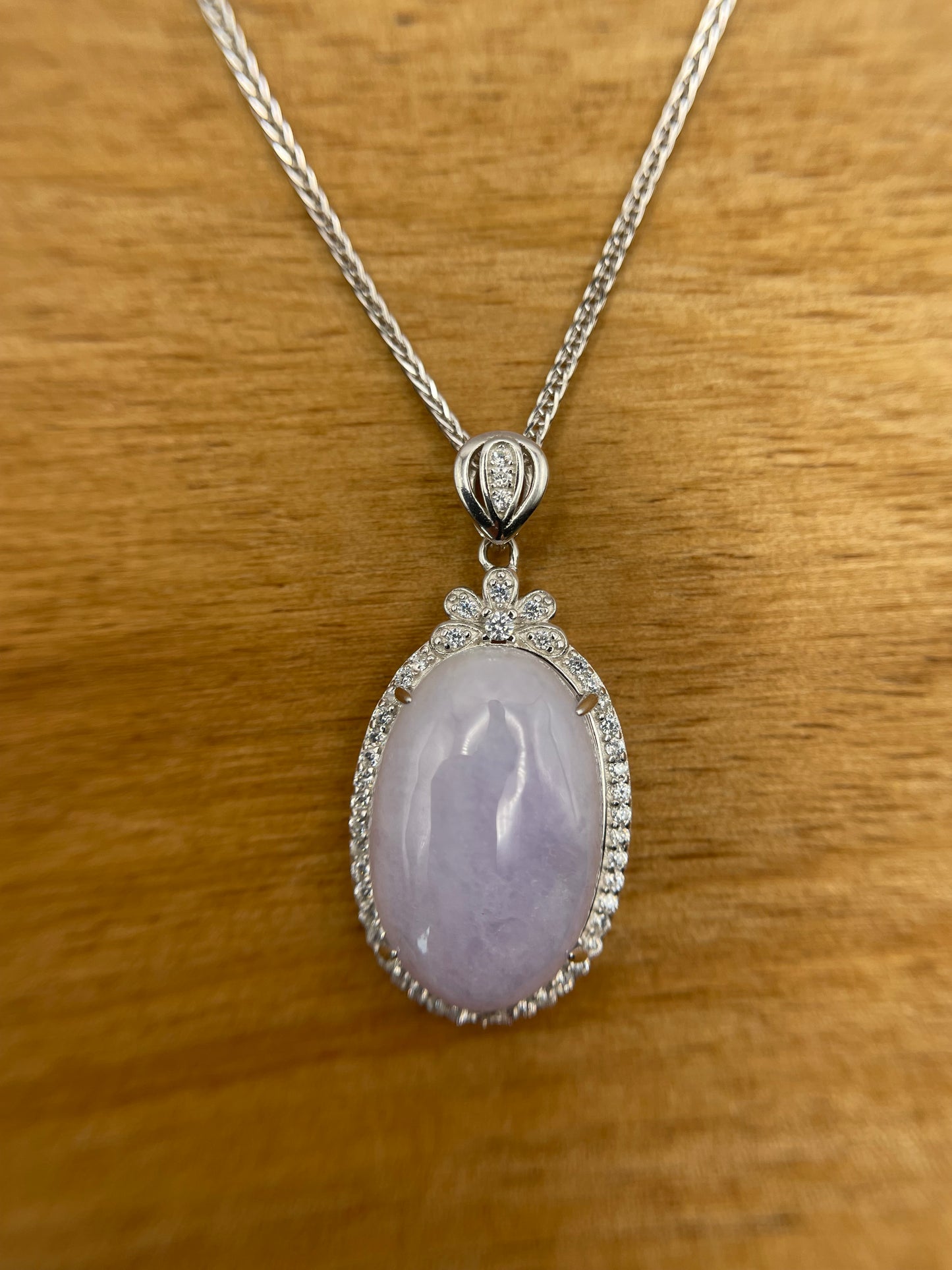 Grade A Natural  Lavender Burma Jadeite Cabochon pendant With Cubic Zirconia Silver necklace