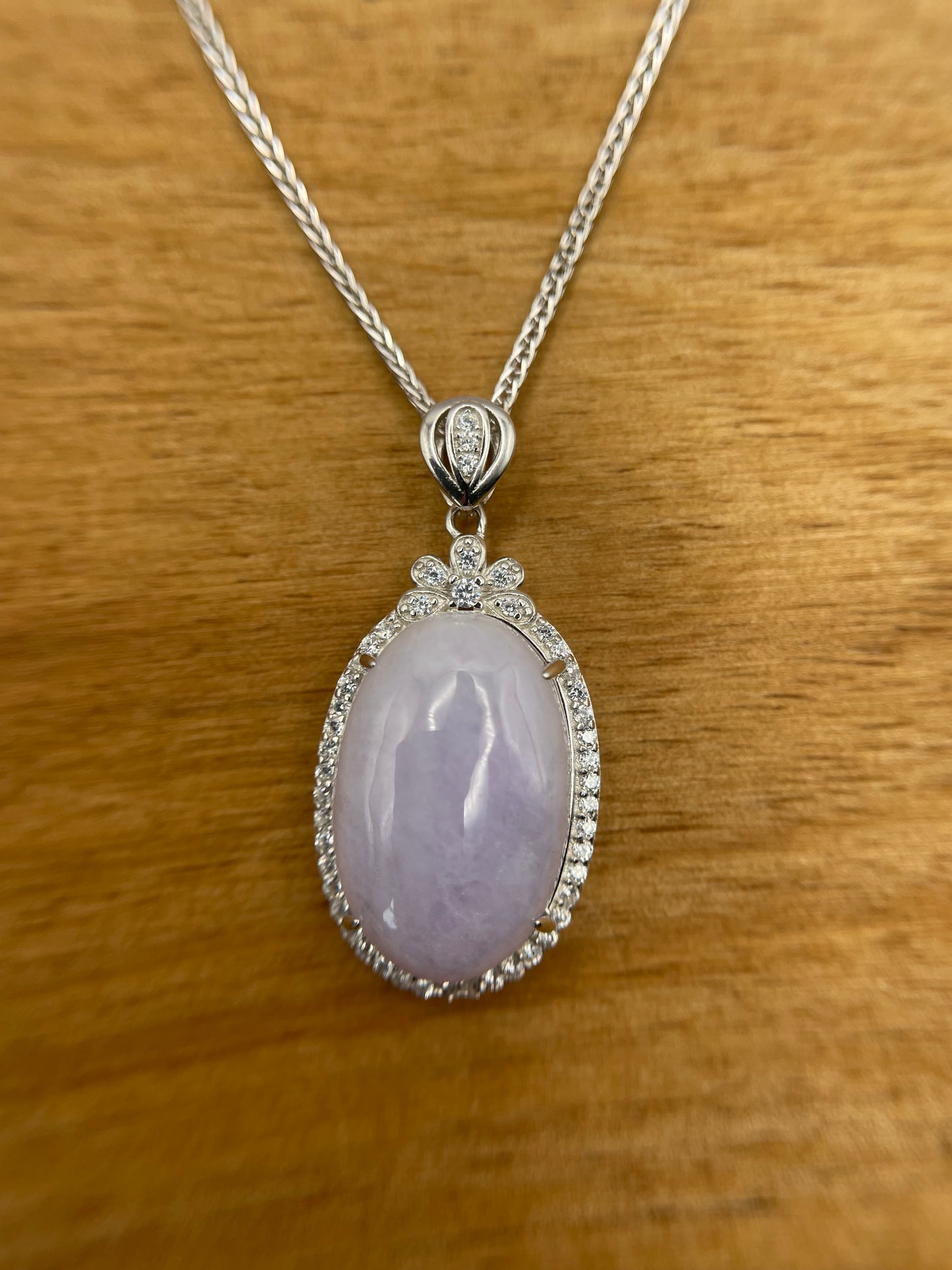 Grade A Natural  Lavender Burma Jadeite Cabochon pendant With Cubic Zirconia Silver necklace