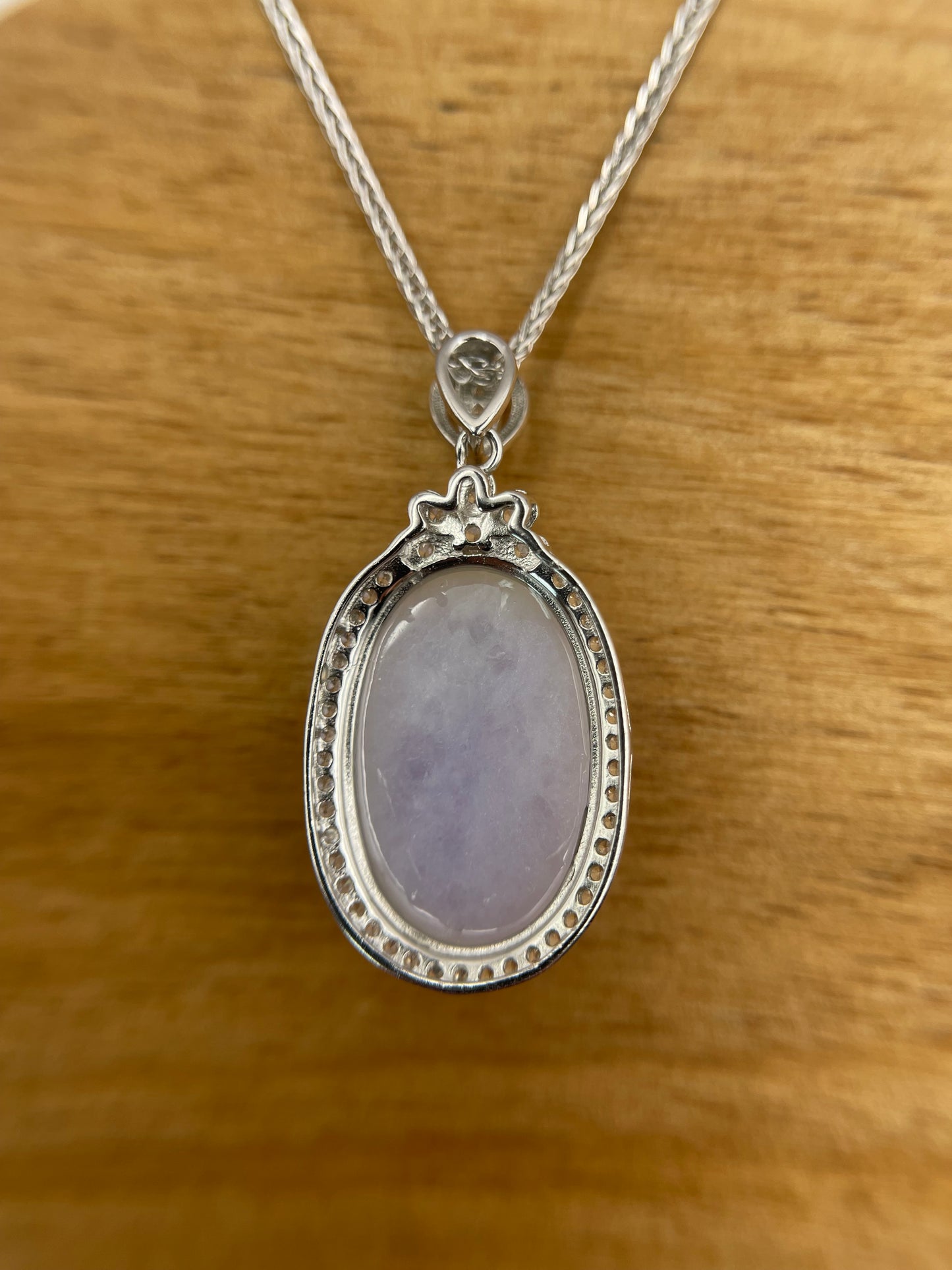 Grade A Natural  Lavender Burma Jadeite Cabochon pendant With Cubic Zirconia Silver necklace