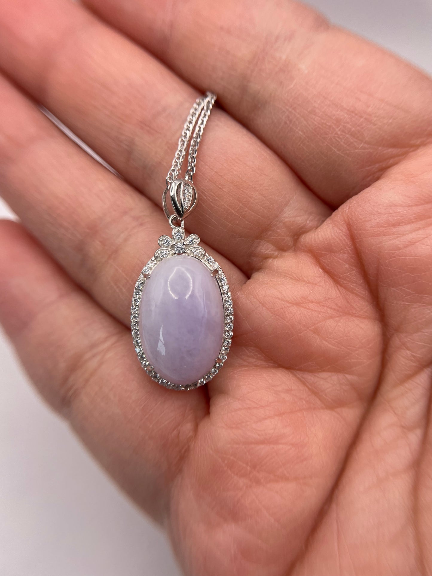 Grade A Natural  Lavender Burma Jadeite Cabochon pendant With Cubic Zirconia Silver necklace