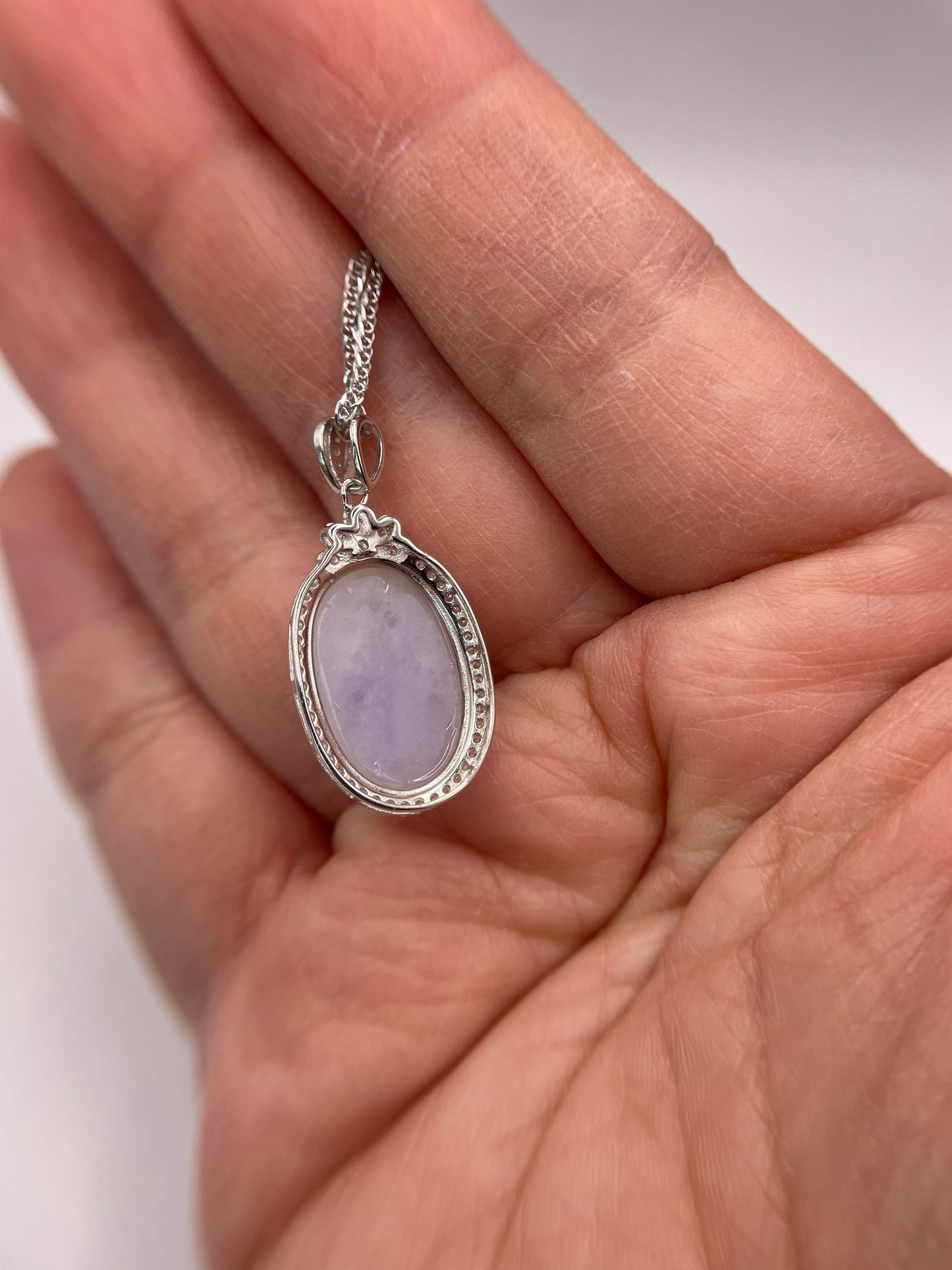 Grade A Natural  Lavender Burma Jadeite Cabochon pendant With Cubic Zirconia Silver necklace