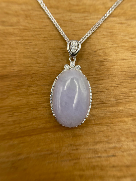 Grade A Natural  Lavender Burma Jadeite Cabochon pendant With Cubic Zirconia Silver necklace